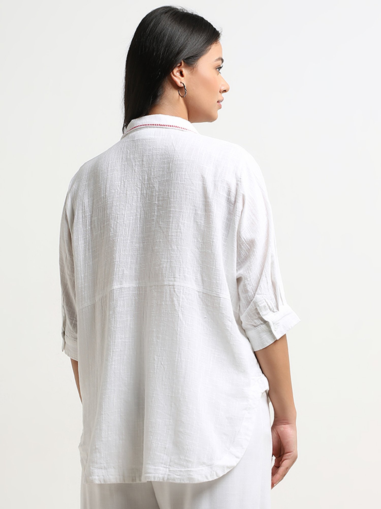 Gia by Westside White Floral Embroidered High-Low Cotton Blouse