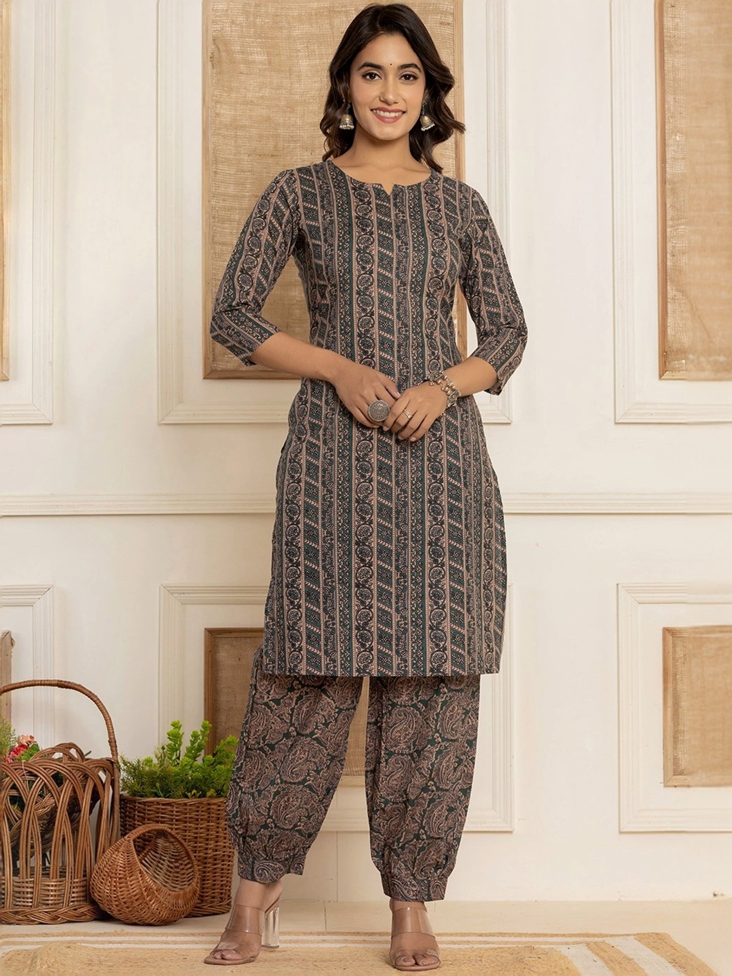 Yufta Teal Green Cotton Printed Kurta Harem Pant Set