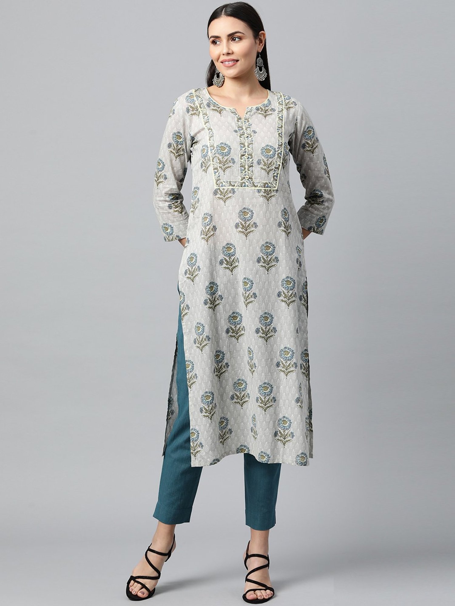 Kami Kubi Grey Floral Print Straight Kurta