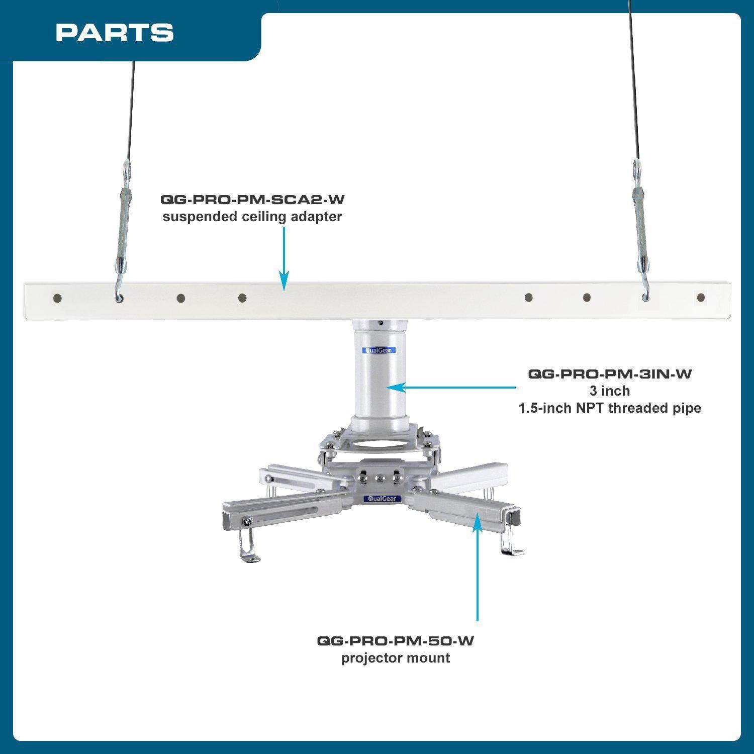 QualGear&reg; Pro-AV QG-KIT-S2-3IN-W Projector Mounting Kit - Projector Mount, Suspended Ceiling Adapter, a 3 inch 1.5-Inch NPT Threaded Pipe in White