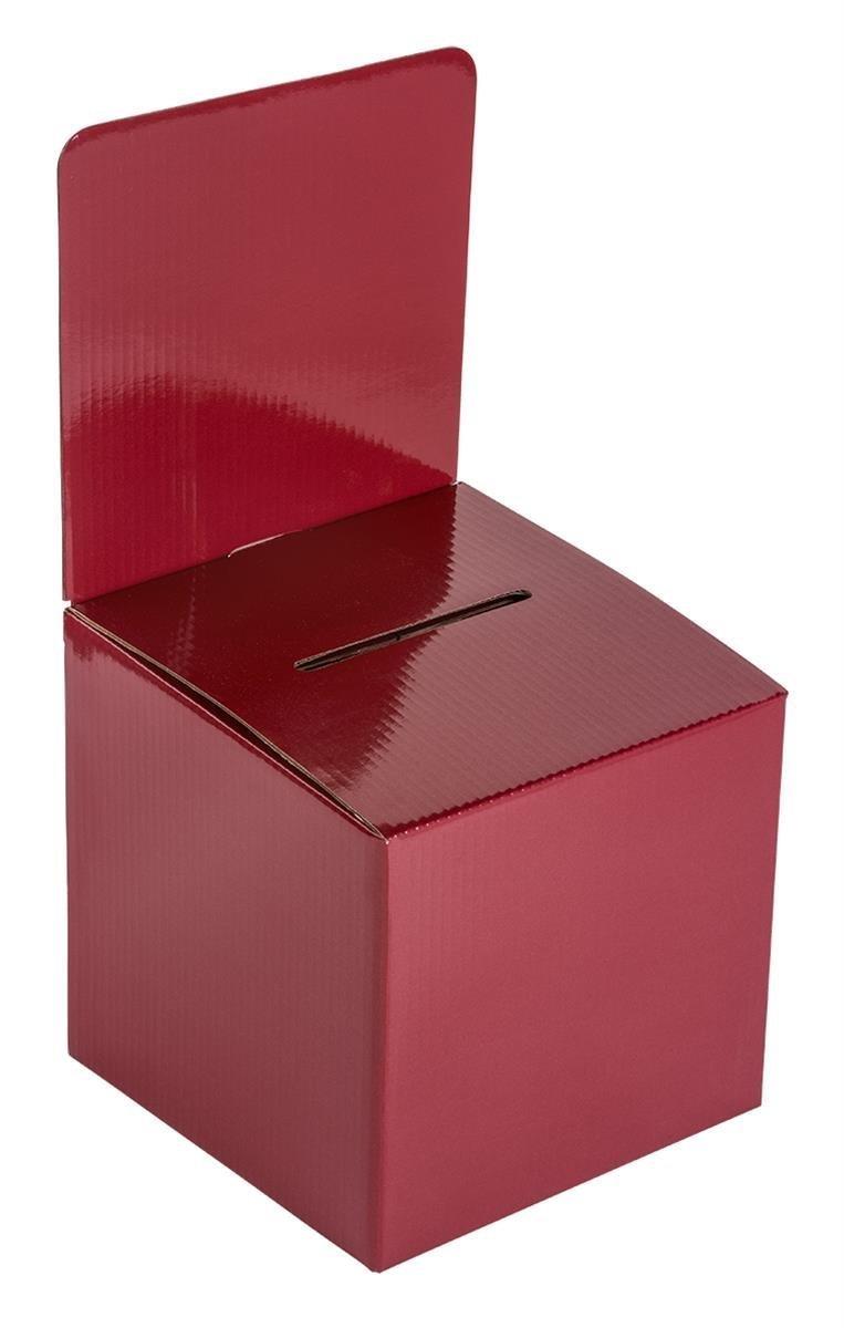 My Charity Boxes - Pack of 10 - Medium Cardboard Box - Ballot Box - Suggestion Box - Raffle Box - Ticket Box - With Removable Header for Tabletop Use (Red)