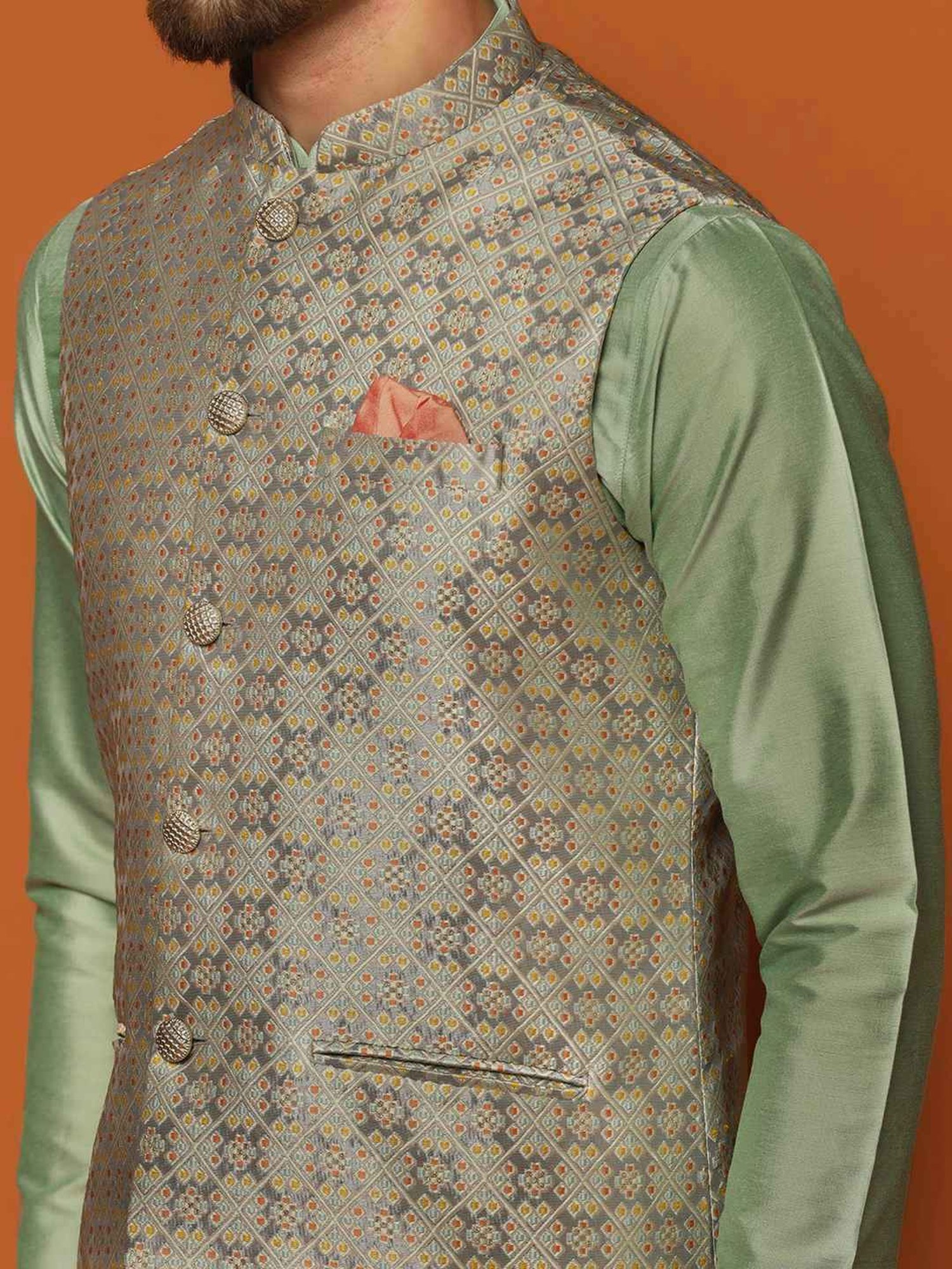 KISAH Grey Regular Fit Self Pattern Nehru Jacket