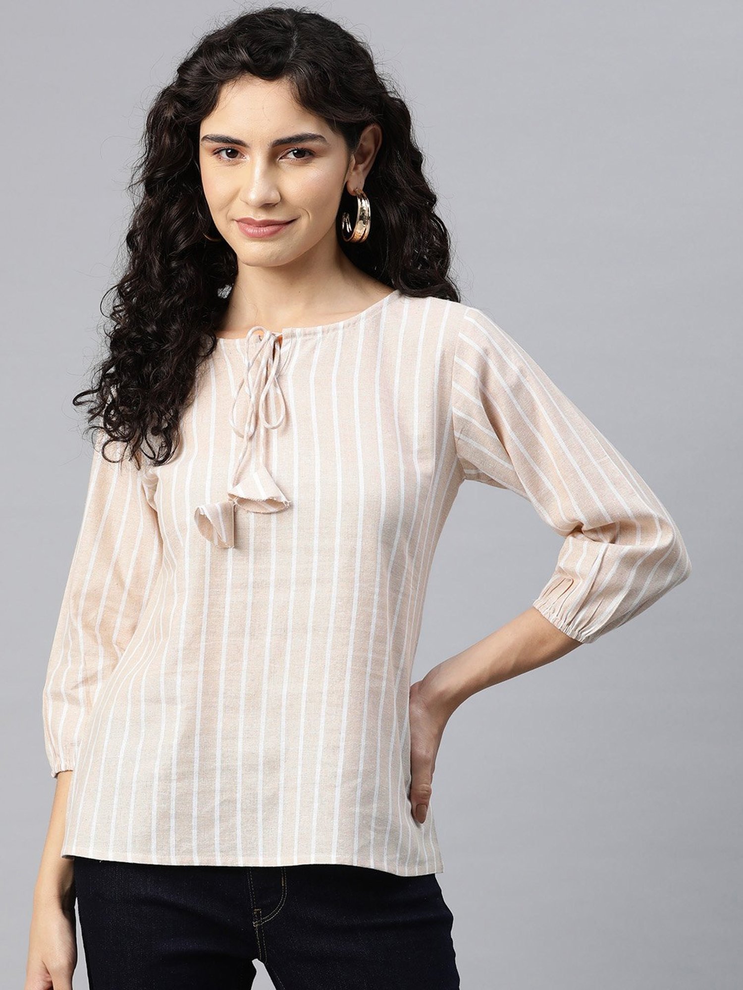 Cottinfab Beige & White Cotton Striped Top