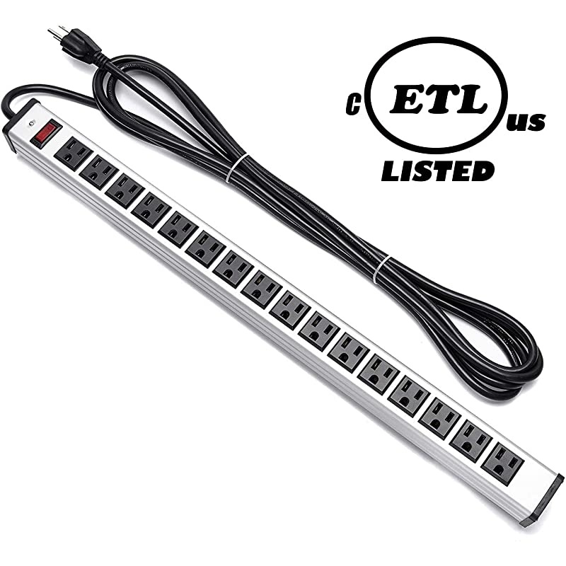 Protector Power Strip 16-Outlet ETL Certified Heavy Duty Metal Power Socket with Circuit Breaker and 15 FT Long Cord