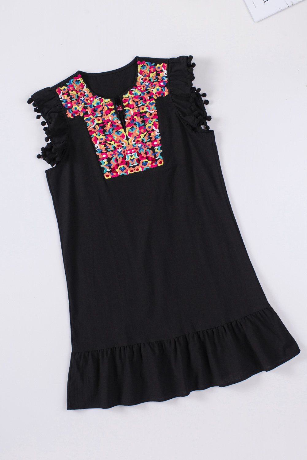 Black Pom Pom A Line Ruffled Sleeveless Short Dress