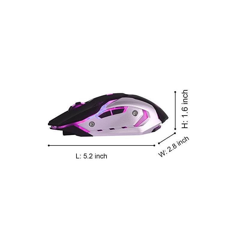 Wireless Rechargeable Gaming Mouse - USB Optical Mice with Silence Click, 3 Adjustable DPI, 6 Buttons, 7 Changing Breathing Backlight - GM07 Black