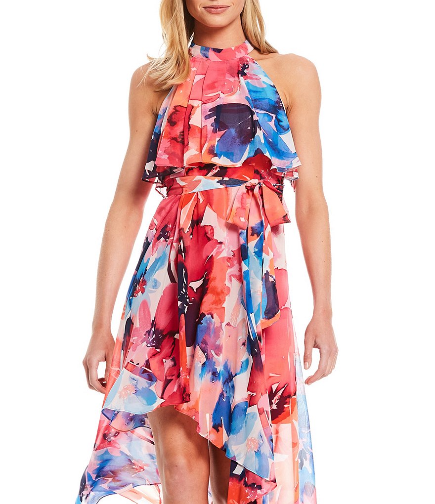 Eliza J Halter Neck Sleeveless Floral Chiffon Pop Over Hi-Low Dress
