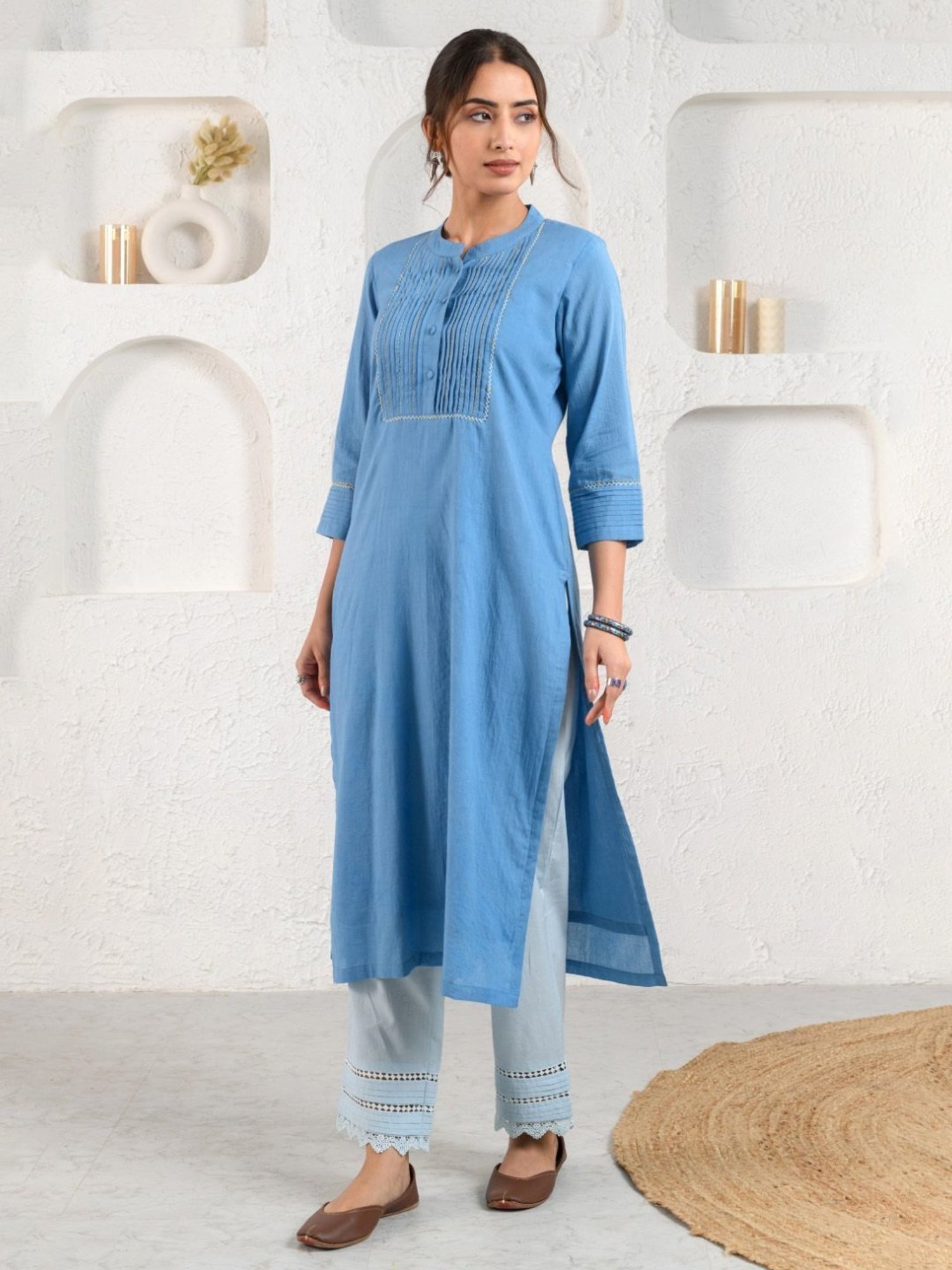 Prakriti Jaipur Blue Pleated Dobby Kurta