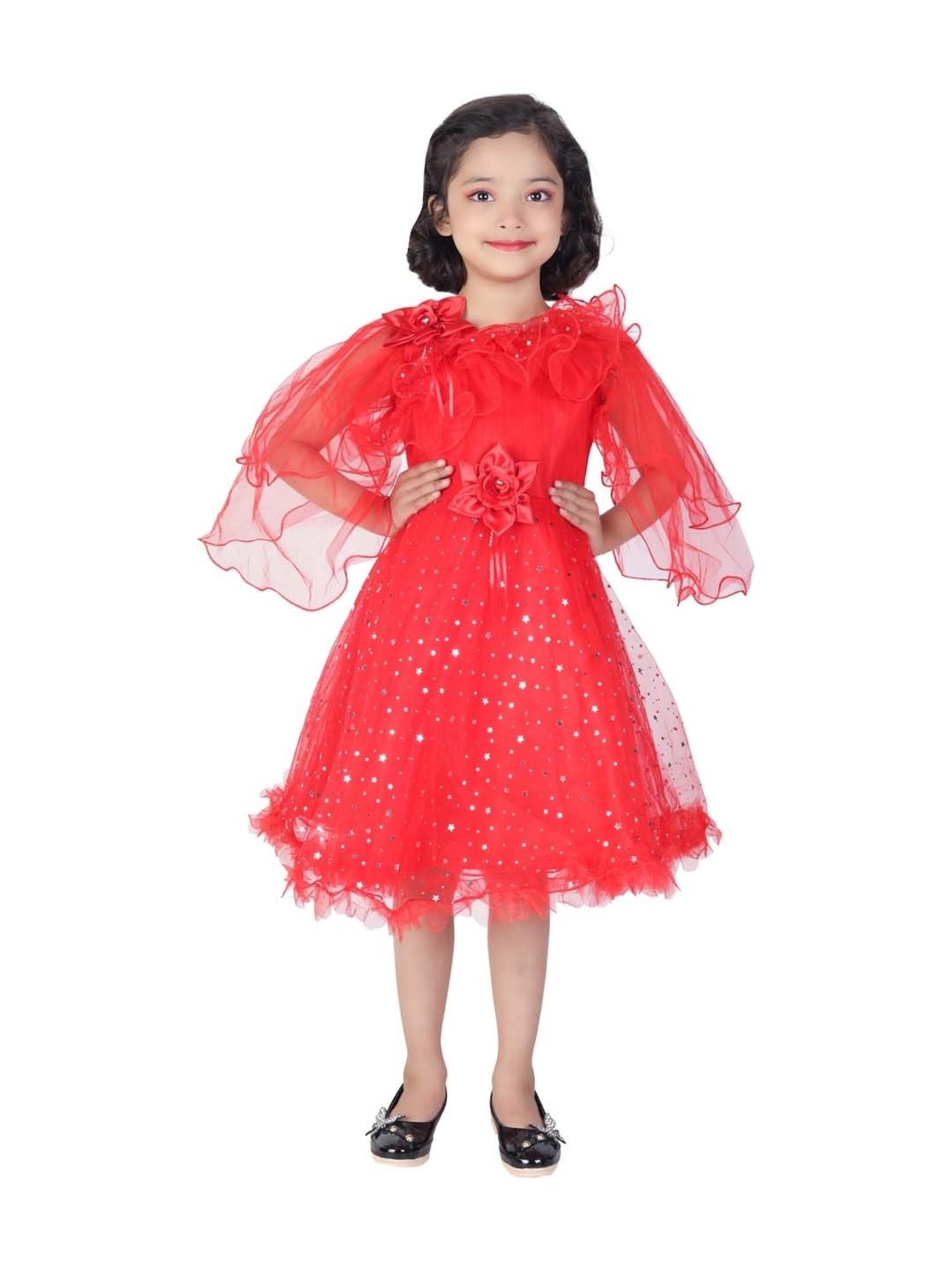 Ahhaaaa Kids Red Cotton Sequence Dress