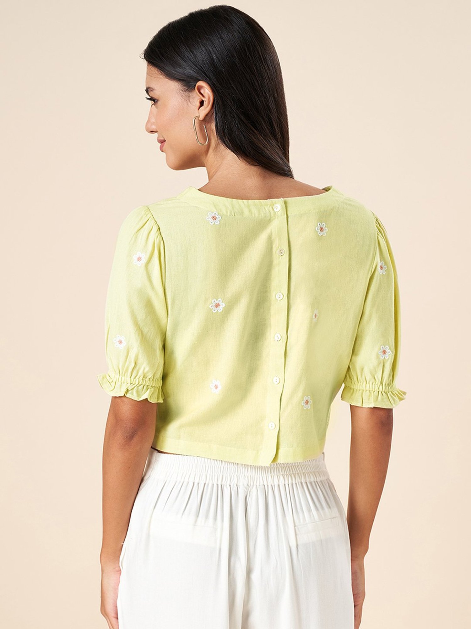 Akkriti by Pantaloons Lime Green Cotton Embroidered Crop Top