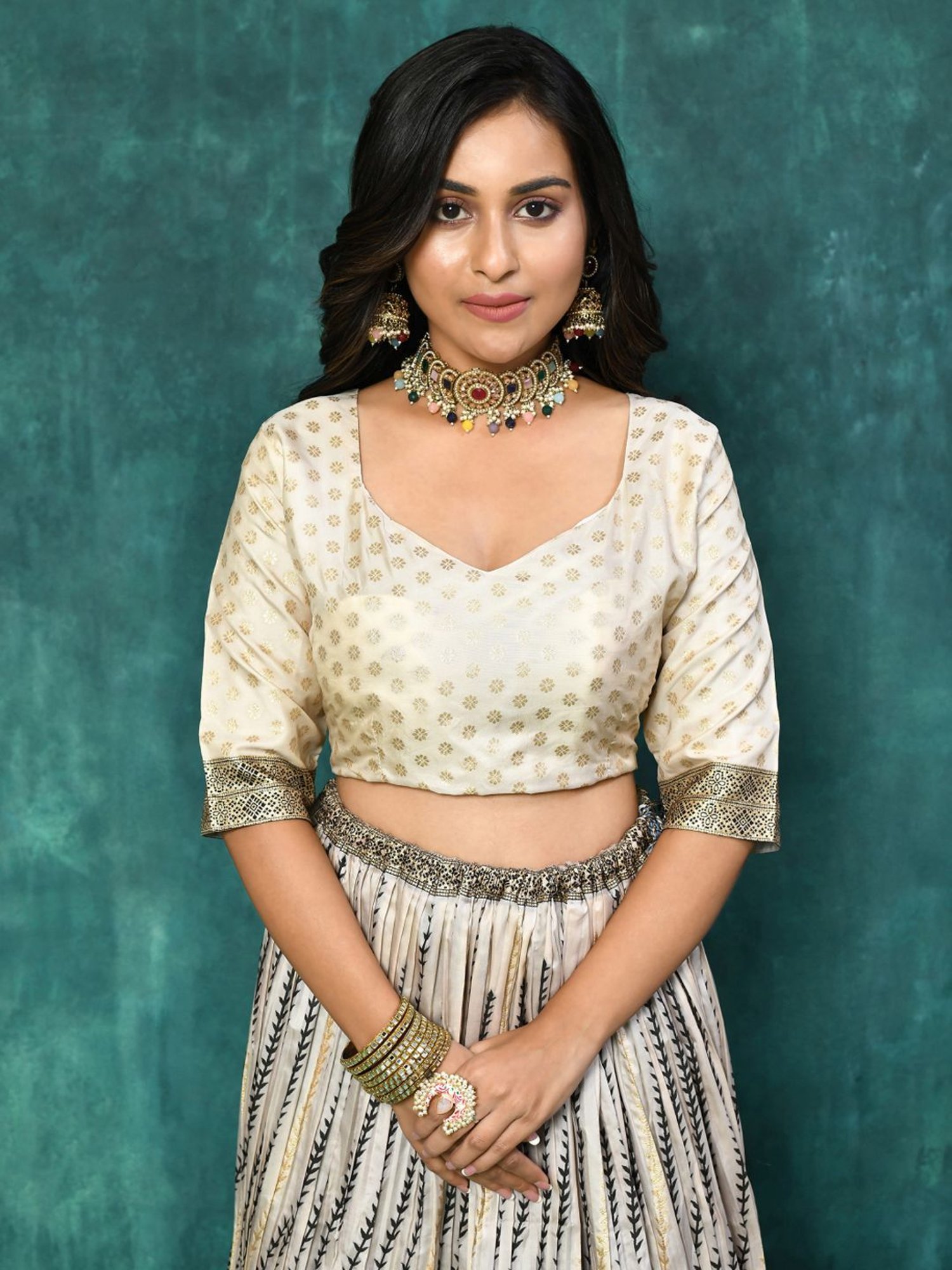 Elora Black & White Woven Pattern Semi Stitched Lehenga Choli Set With Dupatta