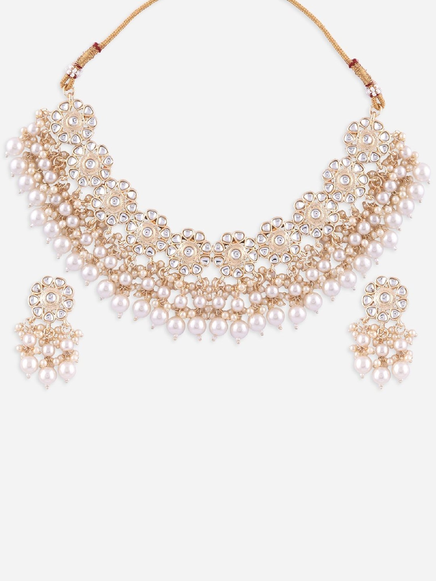 Fida Ethnic South Indian Traditional Antique Gold-Plated Pearl Kundan Choker Necklace Set for Women