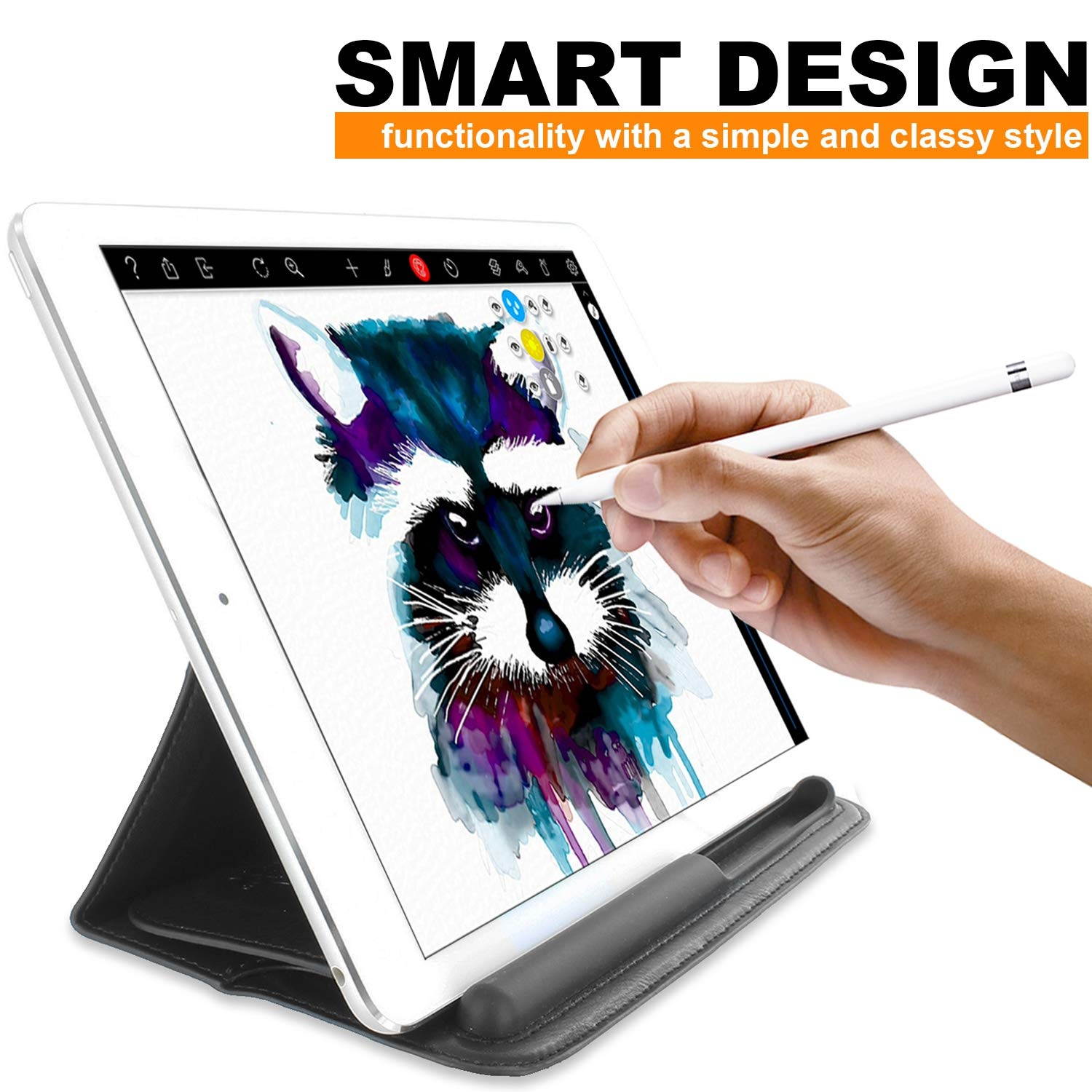 KHOMO iPad 9.7/10.5 Inch Tri-Fold Sleeve Case with Apple Pencil Holder - Black