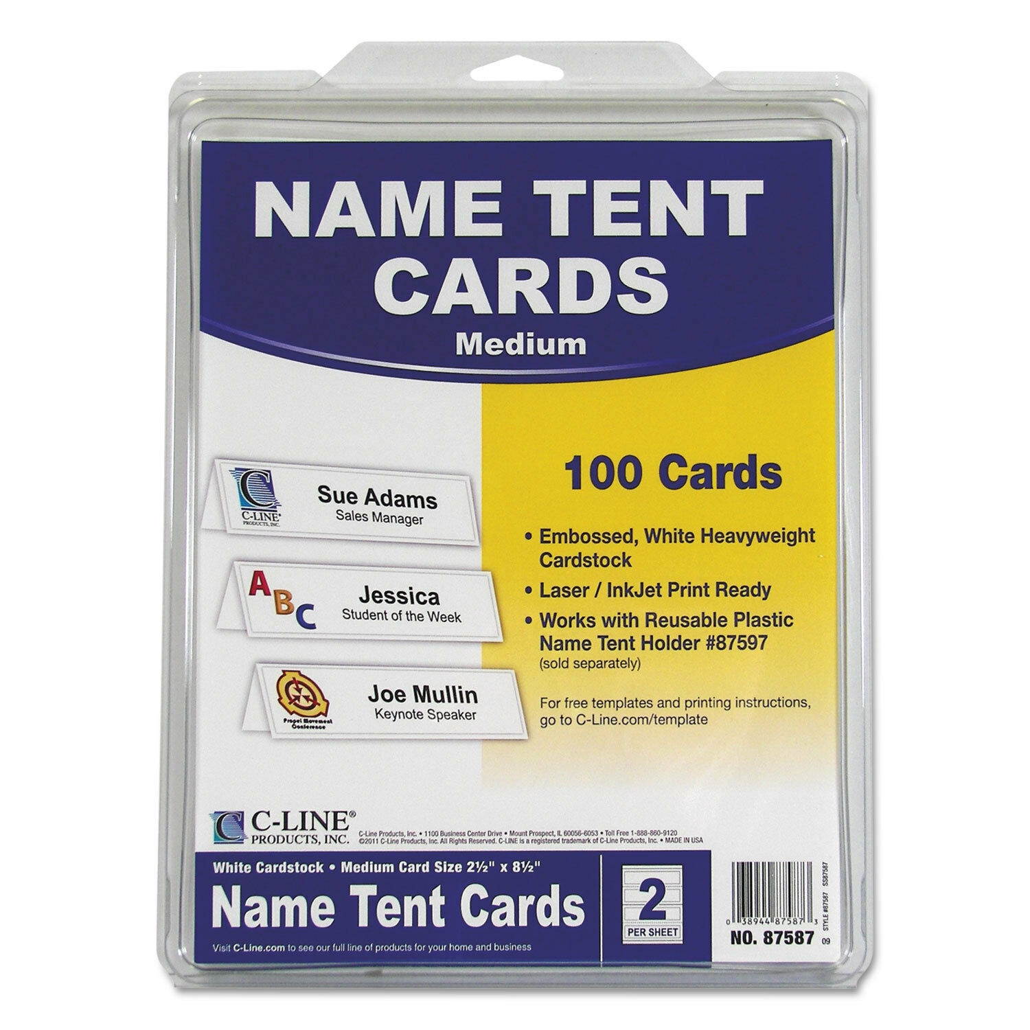 C-Line Embossed Tent Cards White 8 1/2 x 2 1/2 2 Card/Sheet 50 Sheets/Box 87587