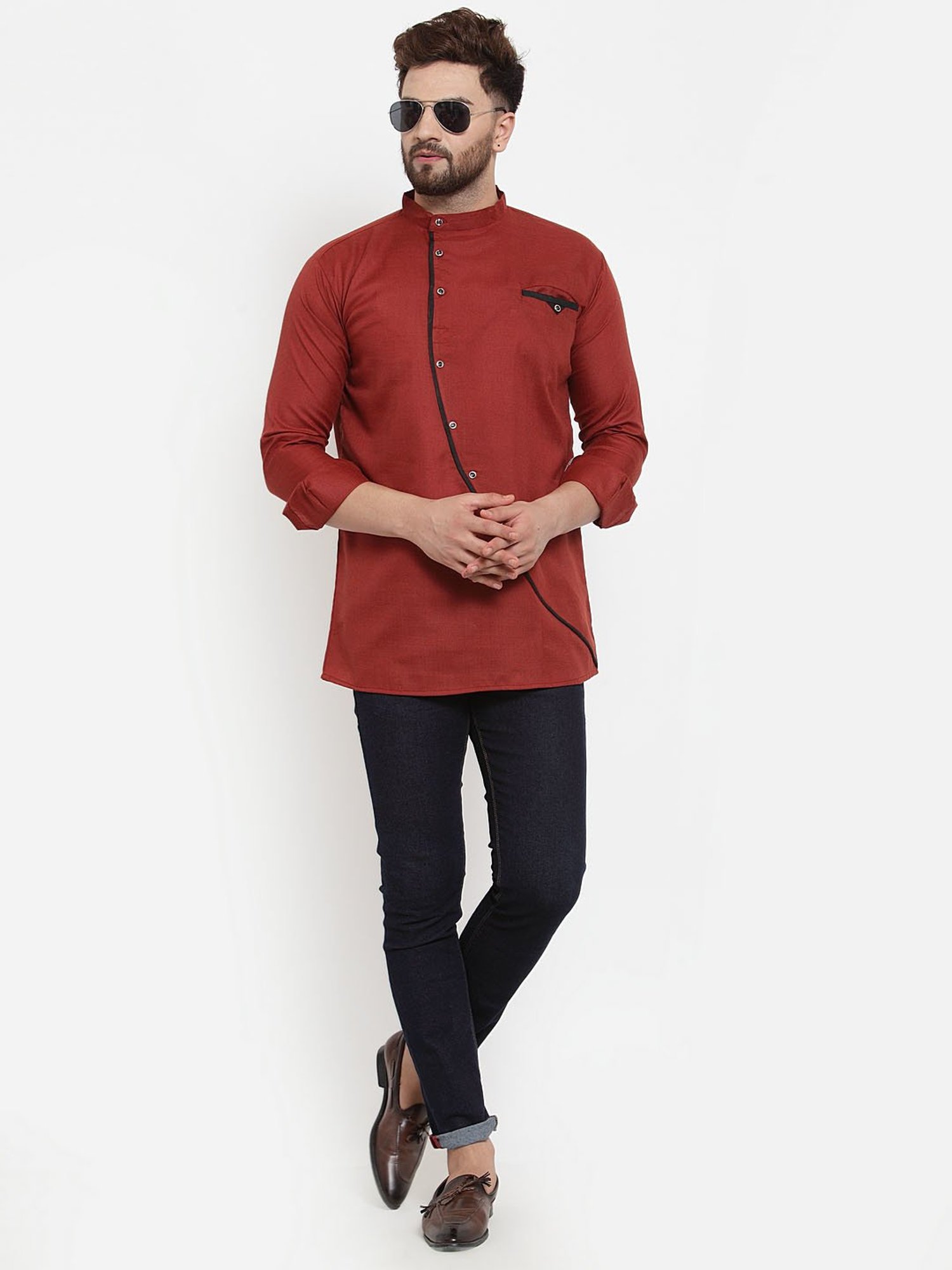 Benstoke Maroon Regular Fit Straight Short Kurta