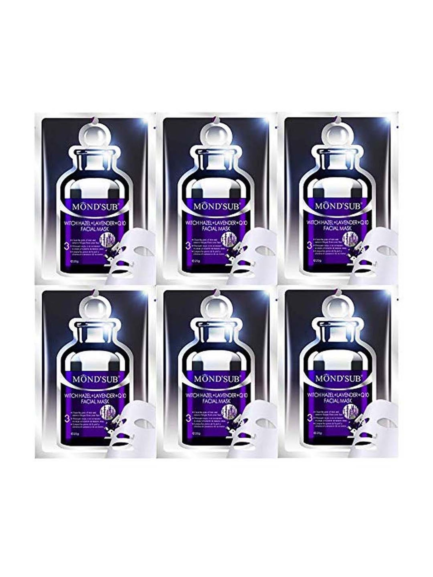 MONDSUB WitchHazel+Lavender+Q10 Facial Sheet Mask (Pack of 6) - 20 gm Each