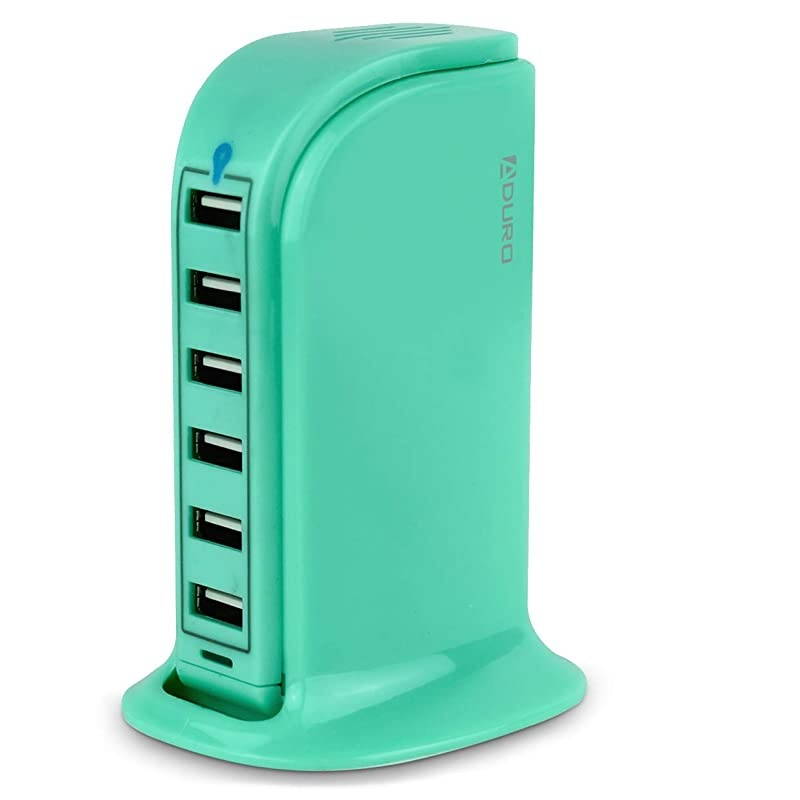 40W 6Port USB Desktop Charging Station Hub Wall Charger for iPhone iPad Tablets Smartphones with Smart Flow Turquoise