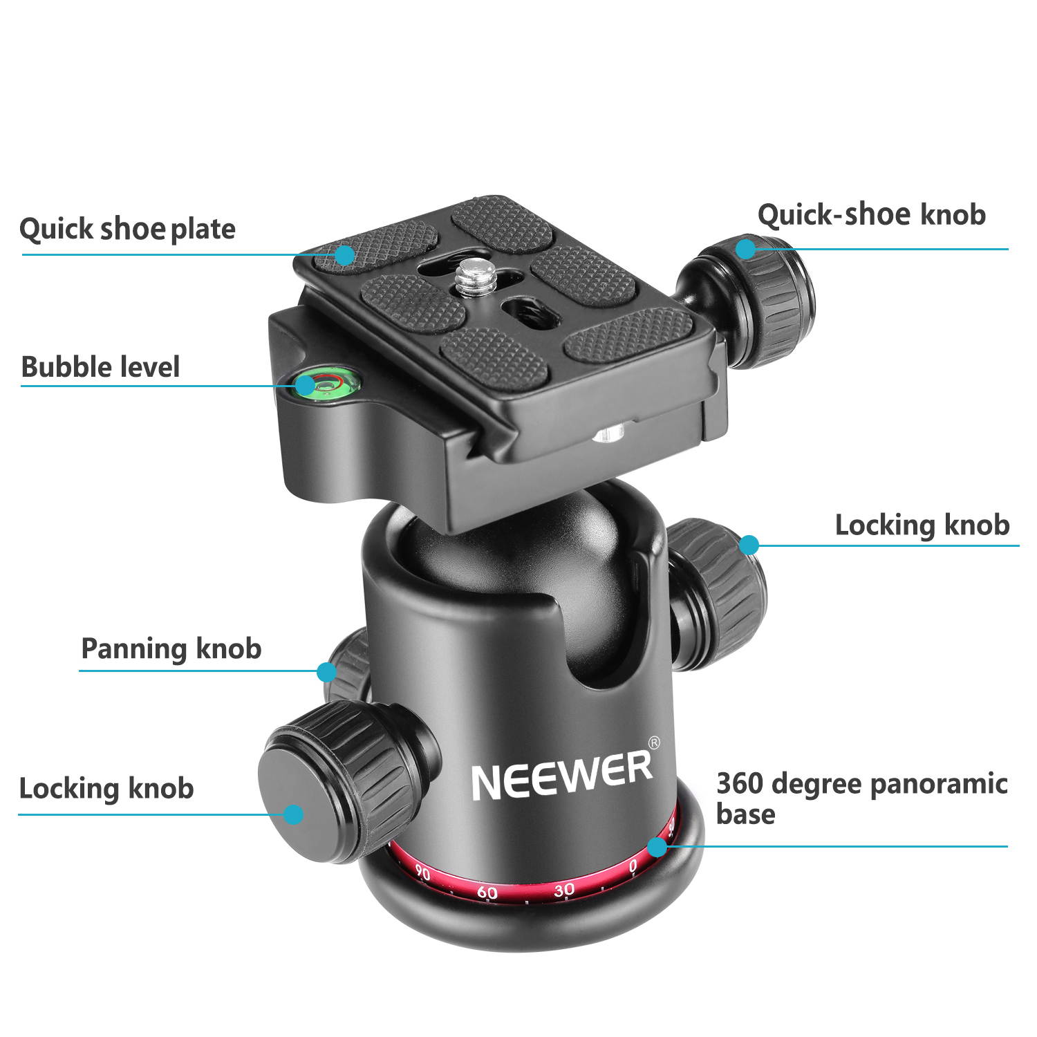 Neewer KINGJOY Professional Metal 360 Degree Rotating Panoramic Ball Head with 1/4 inch Quick Release Plate and Bubble Level,up to 17.6pounds/8kilograms,for Tripod,Monopod,Slider,DSLR Camera,Camcorder