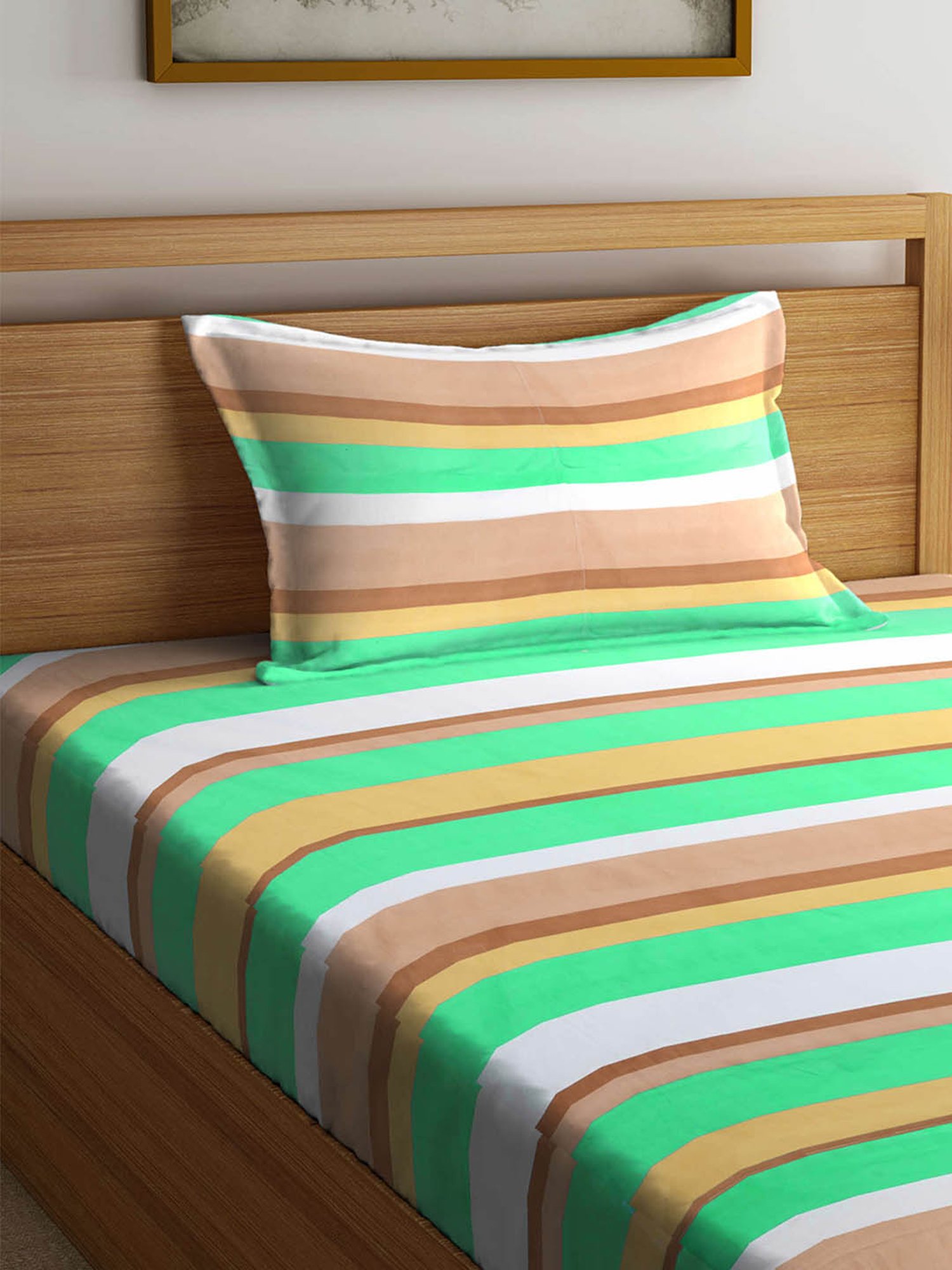 Klotthe Stripes Green & Brown 300 TC Cotton Single Bedsheet with 1 Pillow Cover