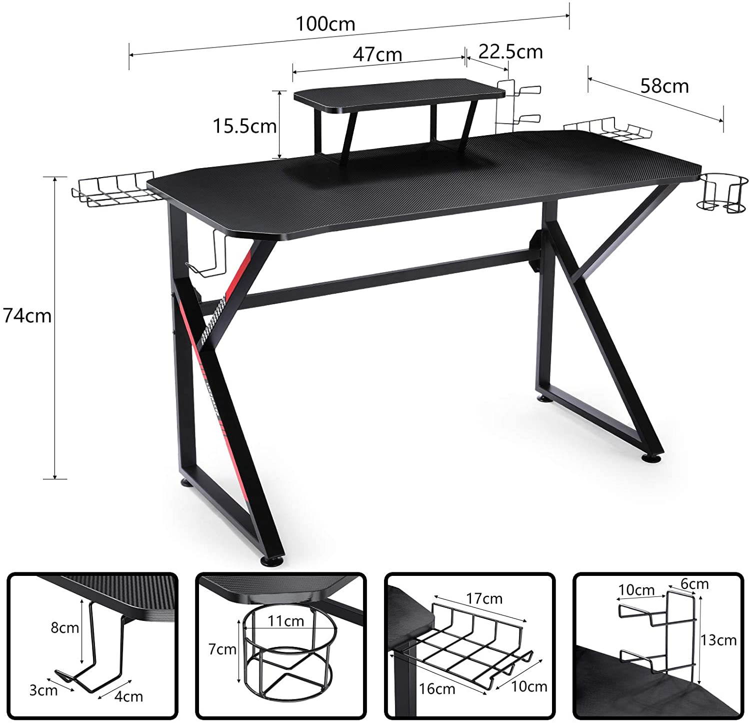 Gaming Desk 39 Inch Computer Desk Gaming Table K Shaped Pc Gaming Workstation Home Office Desk with Headphone/CD Holder, Gaming Controller Rrack,Black