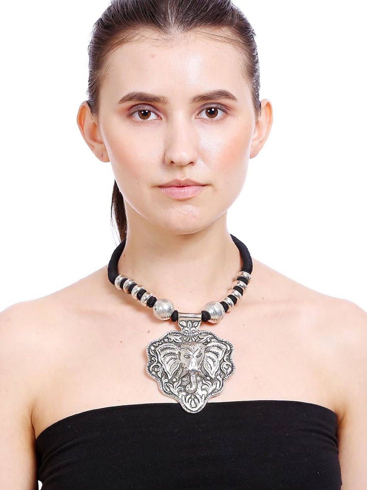 Imli Street Elephant Design Black & Silver Necklace