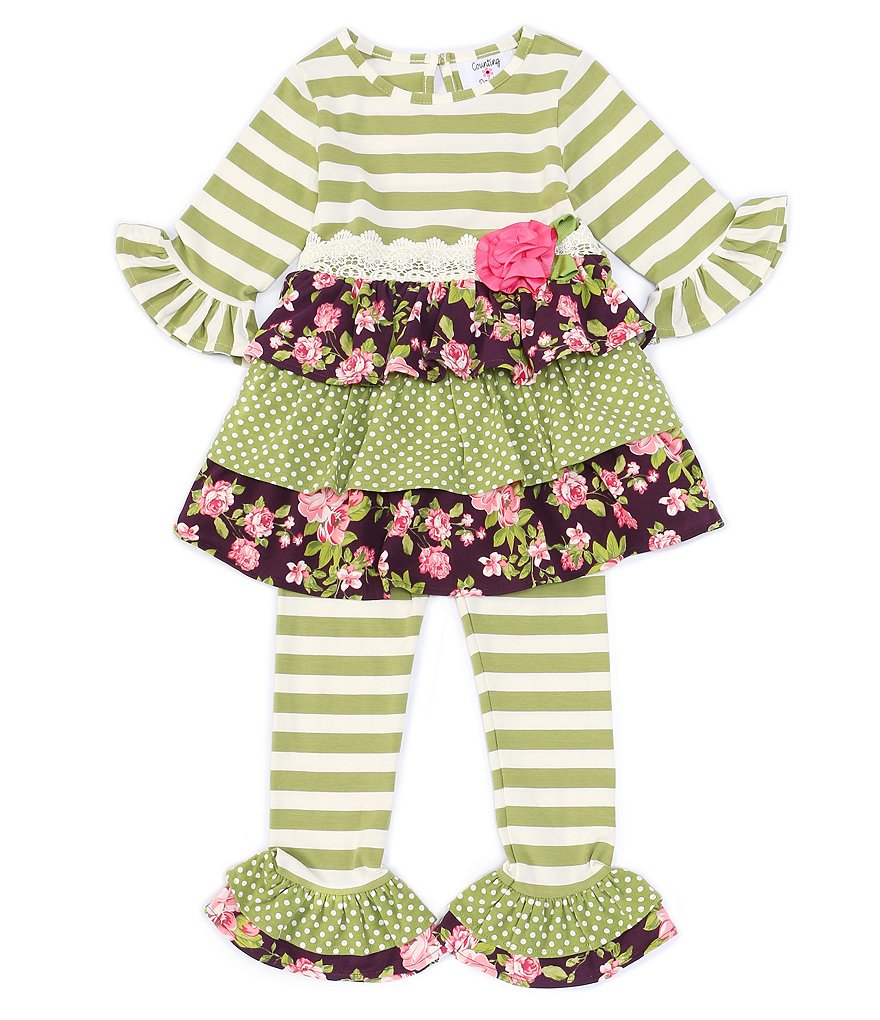 Rare Editions Little Girls 2T-6X Long Sleeve Counting Daisies Stripe Floral Print Top & Legging Set