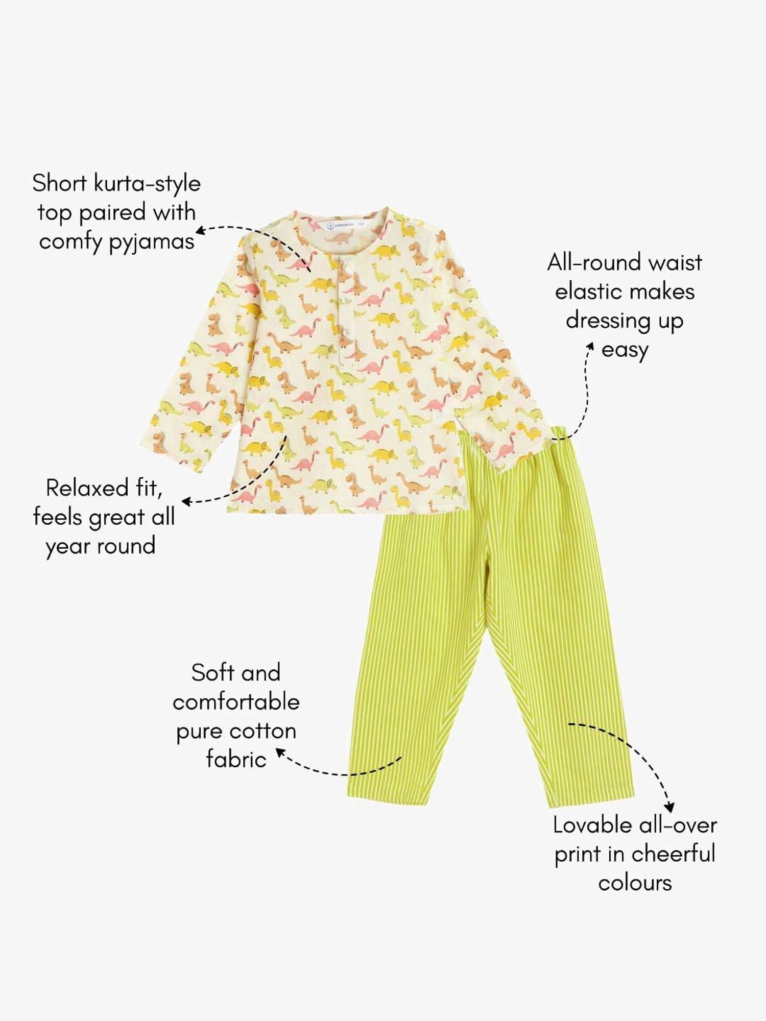 Campana Kids White & Green Cotton Printed Full Sleeves T-Shirt & Trouser