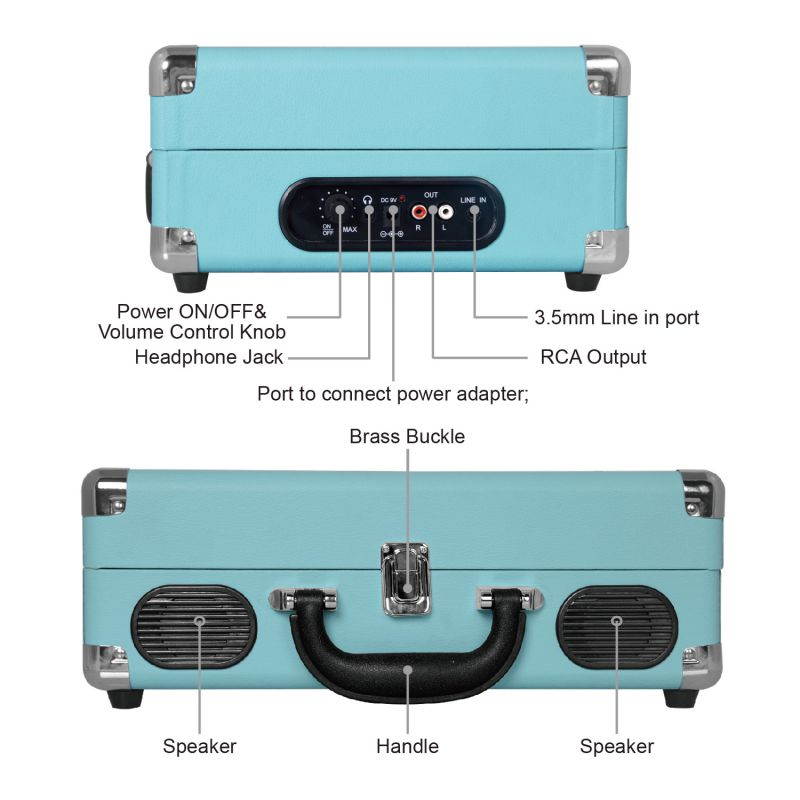 LP&No.1 Portable Suitcase Turntable with Stereo Speaker,3 Speeds Belt-Drive Vinyl Record Player Blue