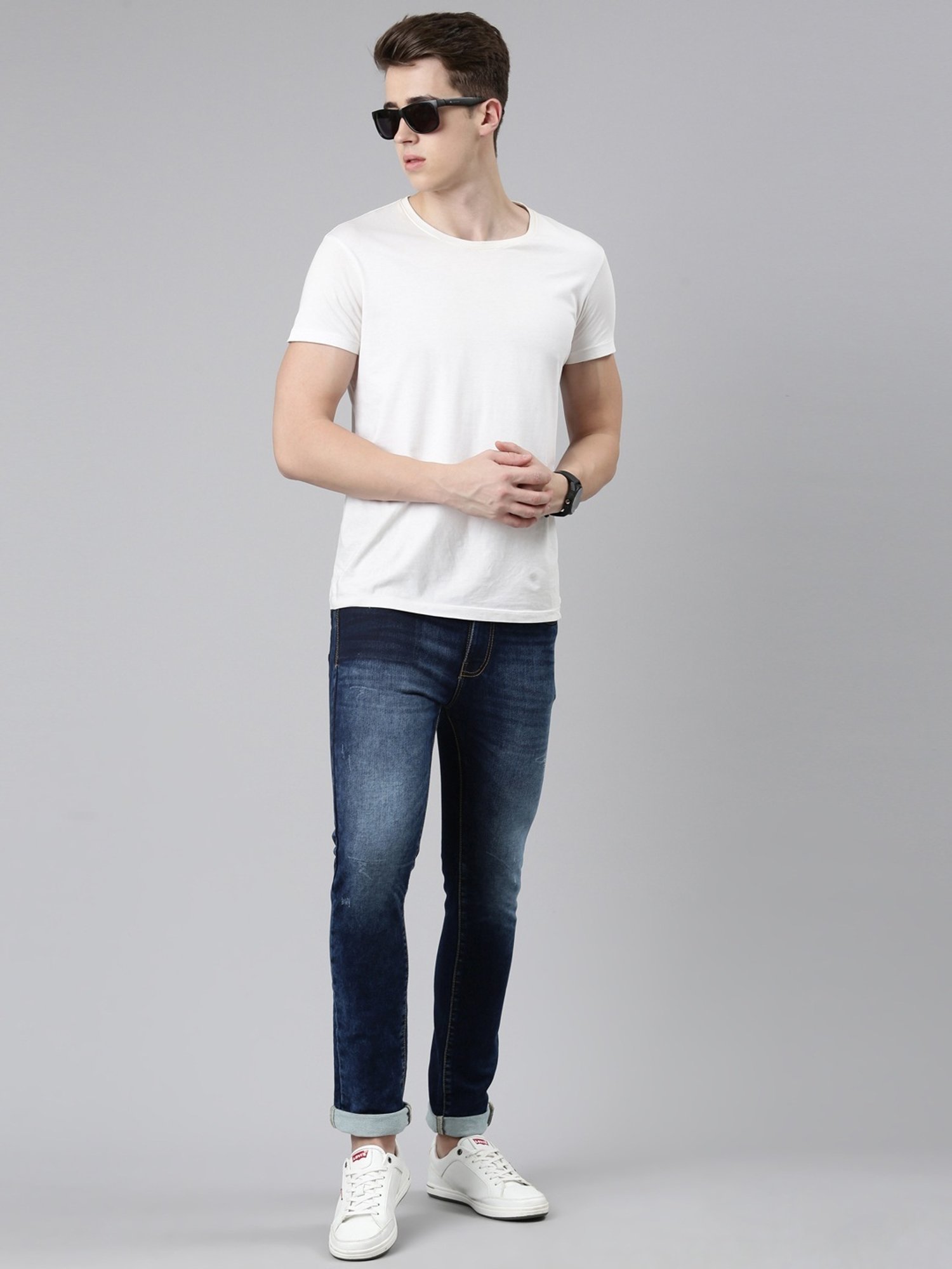 CINOCCI Denim Blue Cotton Slim Fit Jeans