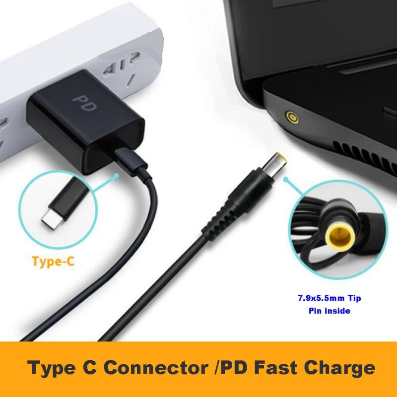 USB-C Type C to Lenovo Laptops 7.9mm*5.5mm  Round Tip Connector Plug Converter Cable DC Tip Jack Works with Lenovo 65W or Below laptops
