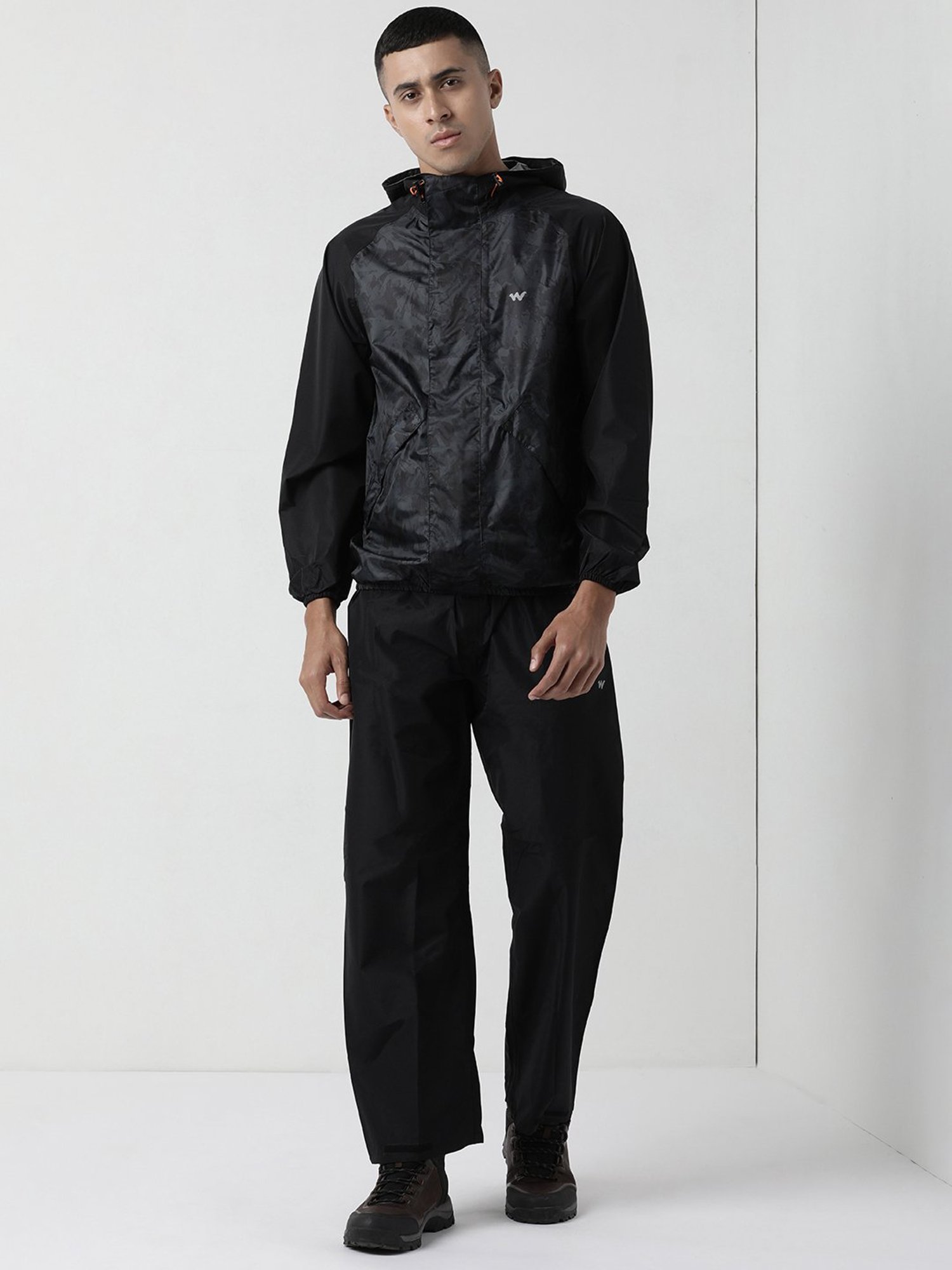 Wildcraft Jet Black Camo Print Hooded Raincoat Set