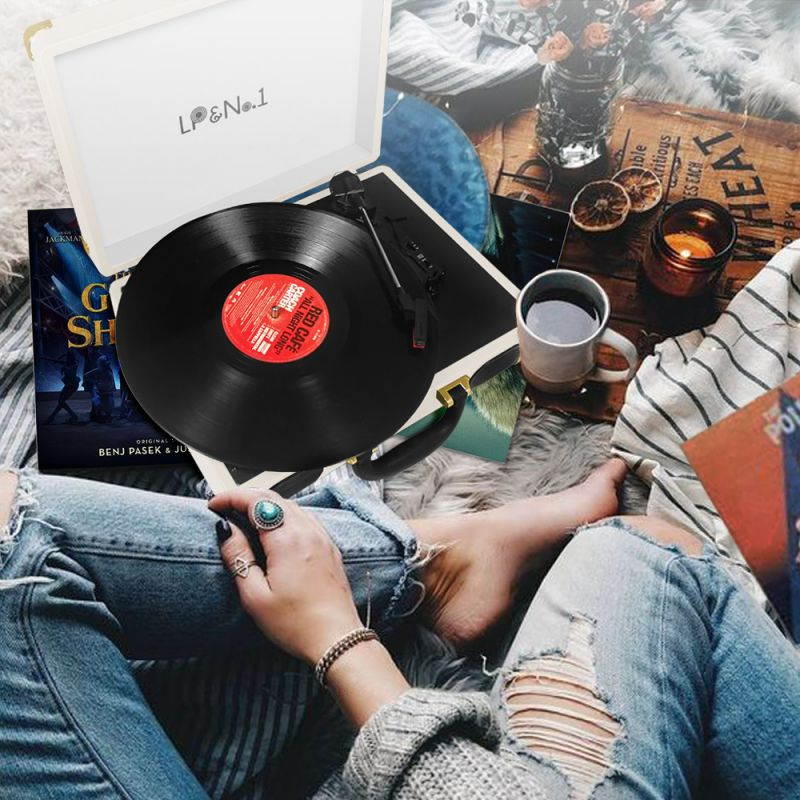 LP&No.1 Portable Suitcase Turntable with Stereo Speaker,3 Speeds Belt-Drive Vinyl Record Player Blue