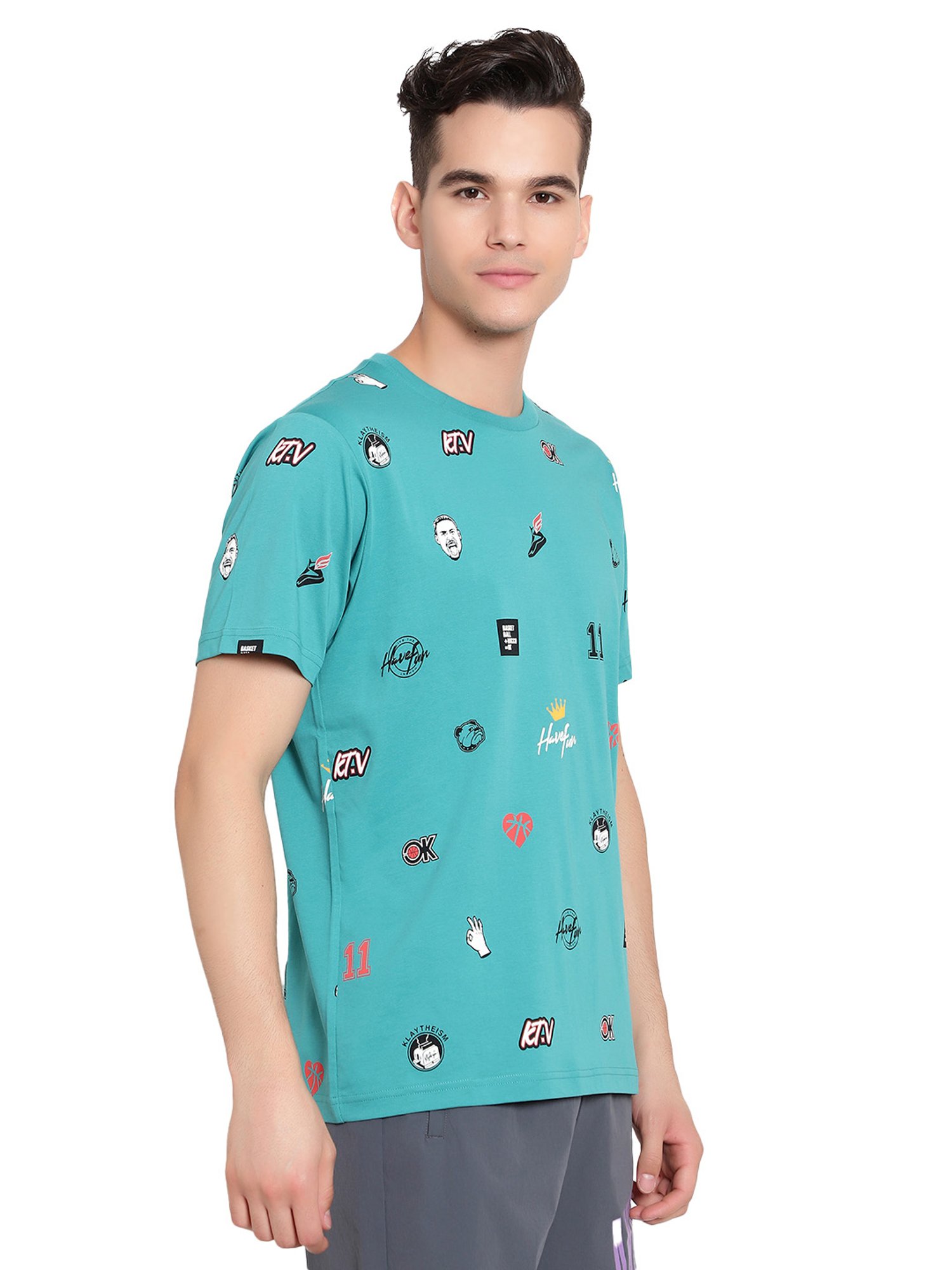 Anta Turquoise Regular Fit Printed Crew T-Shirt