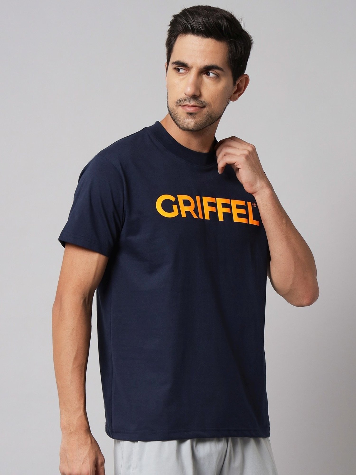 Griffel Navy Blue Cotton Loose Fit Printed T-Shirt