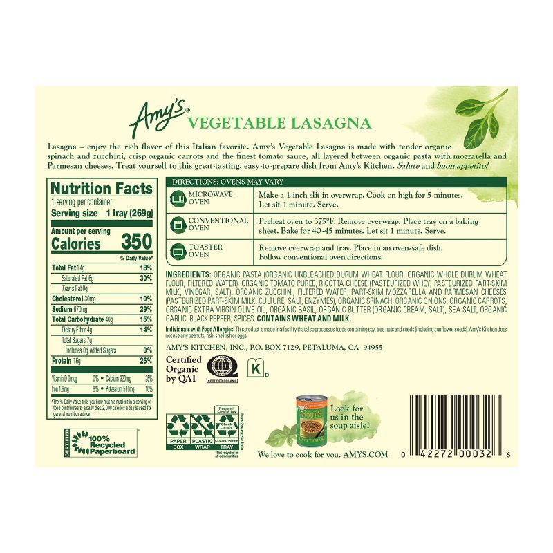 Amy's Organic Frozen Vegetable Lasagna - 9.5oz