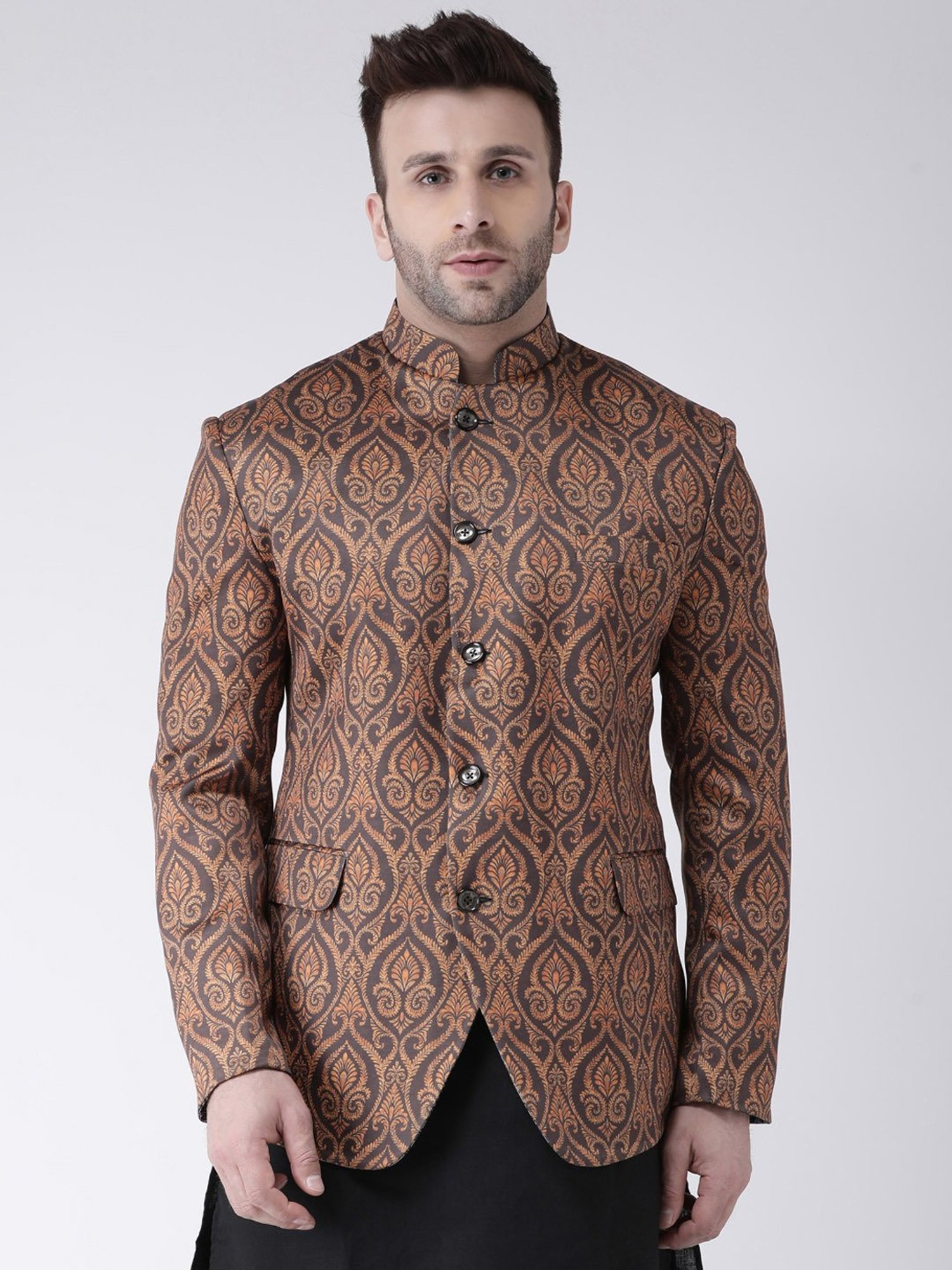 Hangup Plus Brown Regular Fit Printed Ethnic Blazer