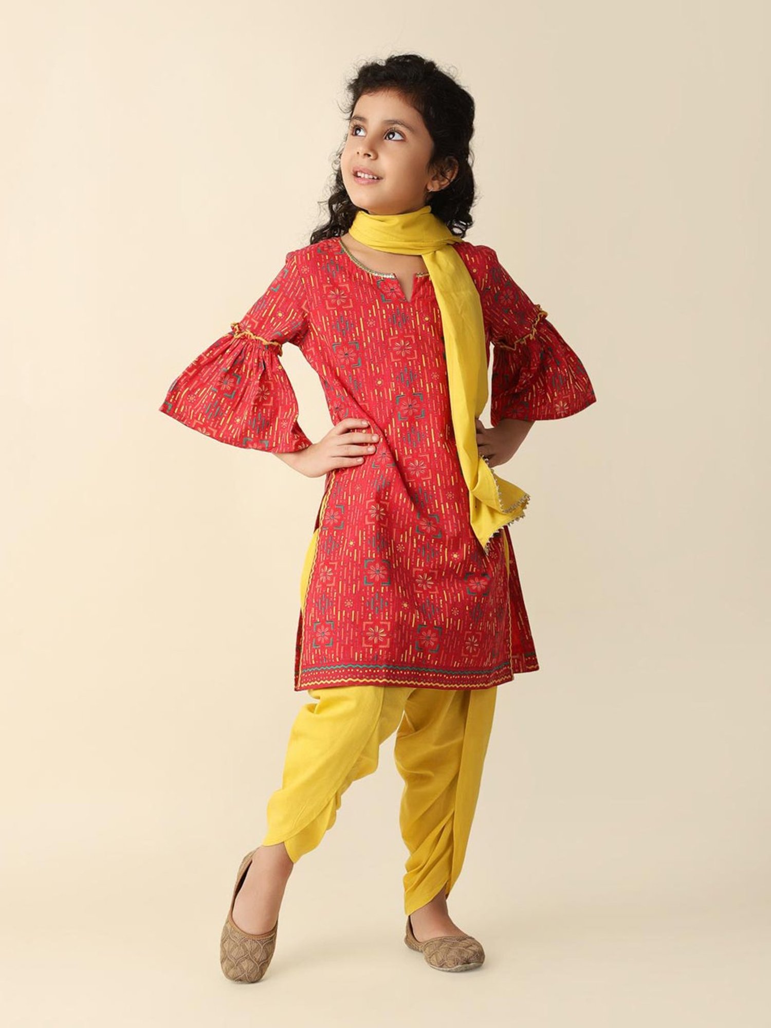Fabindia Kids Red & Yellow Printed Kurta, Salwar with Dupatta