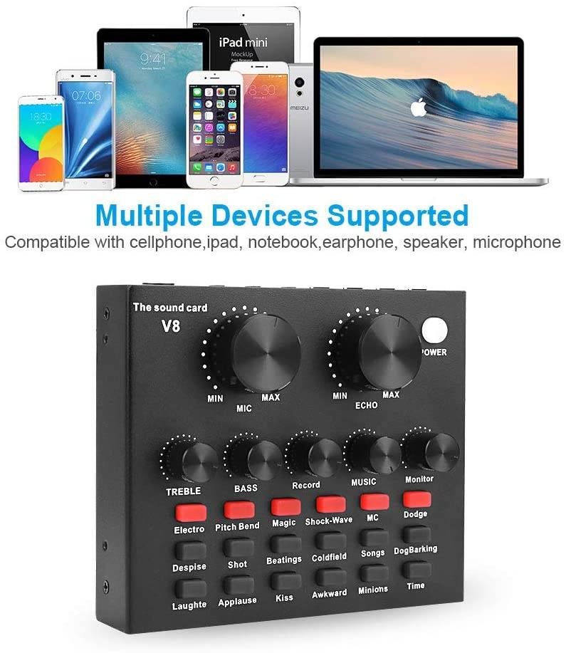 Live Sound Card Portable Mobile Audio Mixer, Karaoke Sound Mixer Recording Sound Card for Live Broadcast K Songs Recording Voice Chatting
