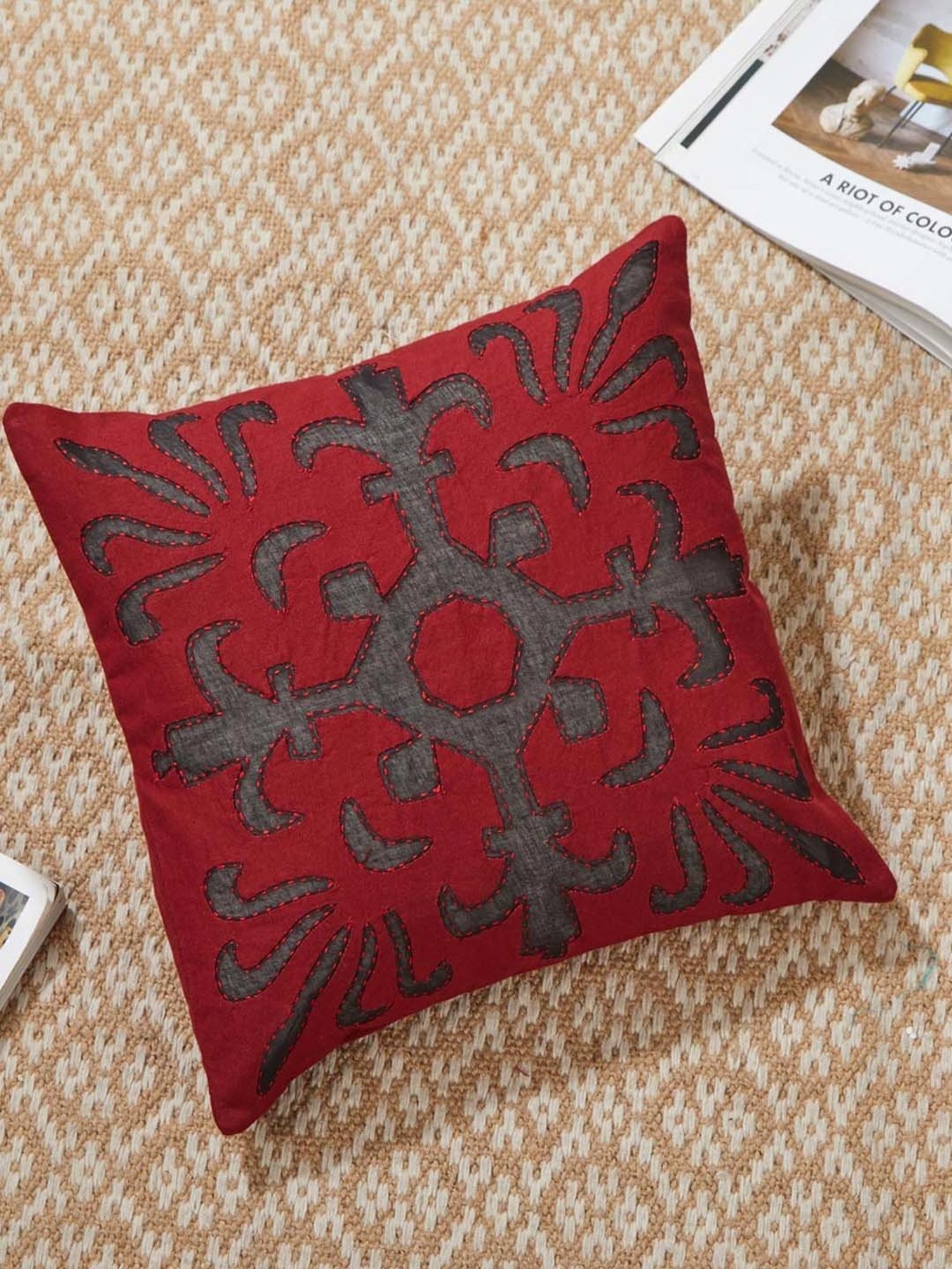 Fabindia Miran Red Cotton Cushion Cover