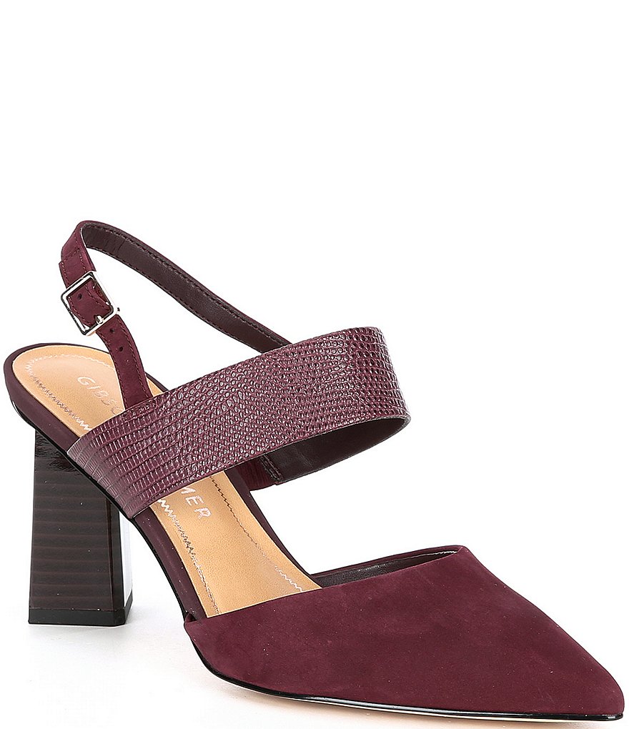 Gibson & Latimer Margo Croco Embossed Leather Suede Pointed Toe Block Heel Pumps