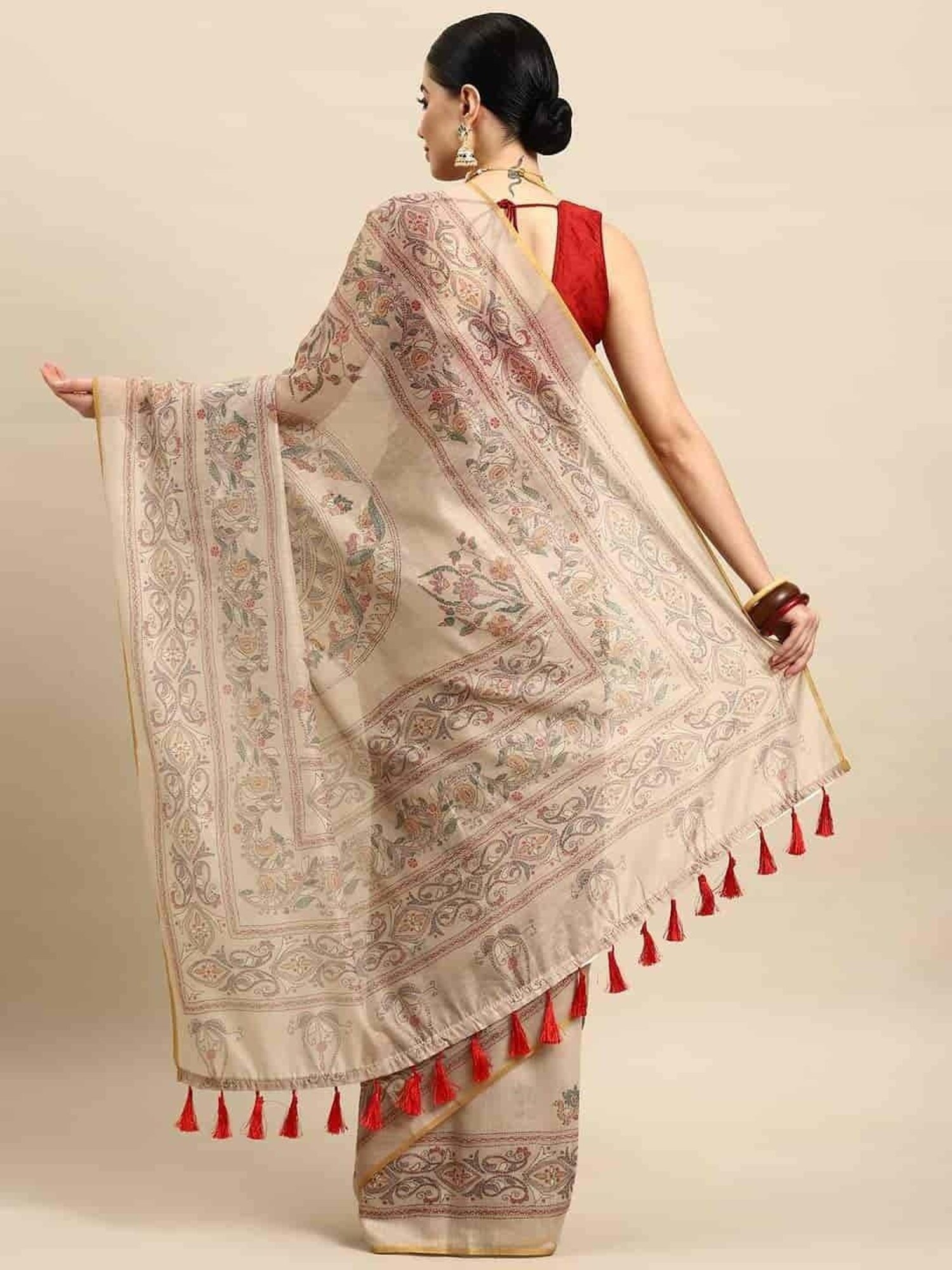 Silk Land Beige Printed Saree With Unstitched Blouse