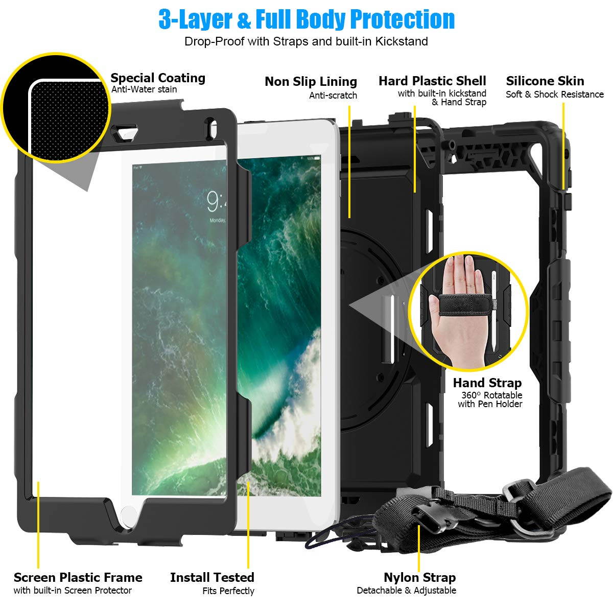 IPad 5th/6th Generation Case,Shockproof, Drop proof, 360 Degree Rotation Kickstand, Hand Strap,Shoulder Strip to Hang in Car Seat.Built-in Screen Protector for New iPad 9.7 2018/2017 Case