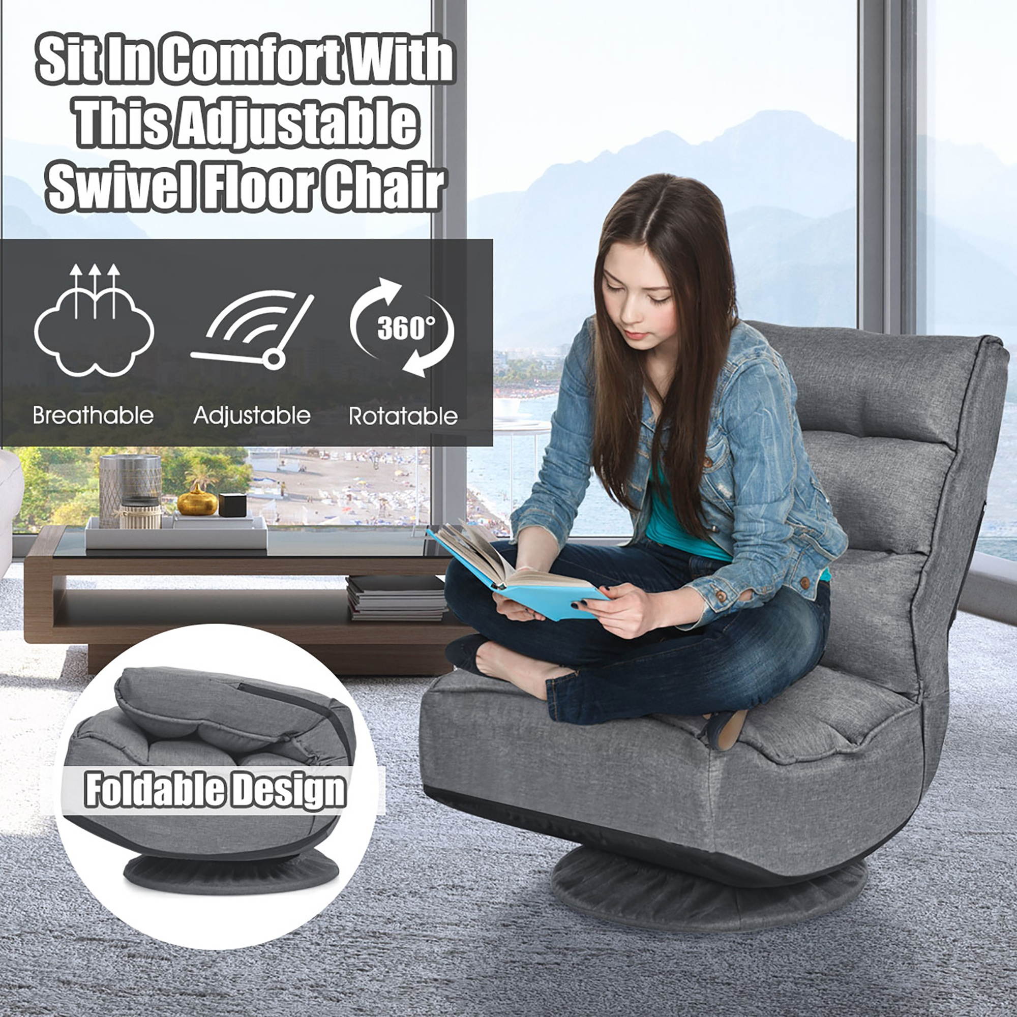 Folding Game Chair Floor Lazy Sofa 4-Position Adjustable 360 Degree Swivel Gray
