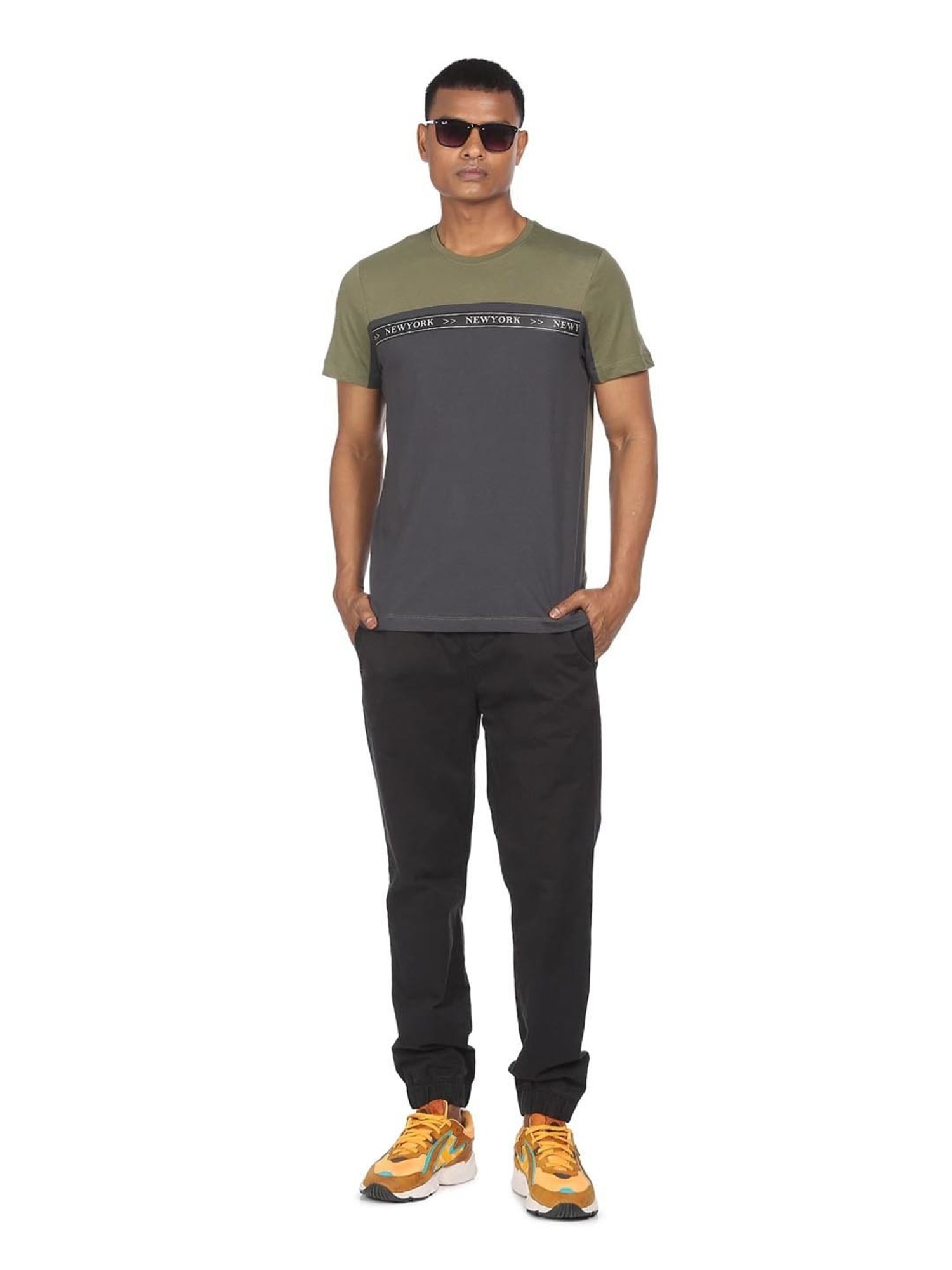 Arrow New York Olive & Grey Cotton Regular Fit Colour Block T-Shirt