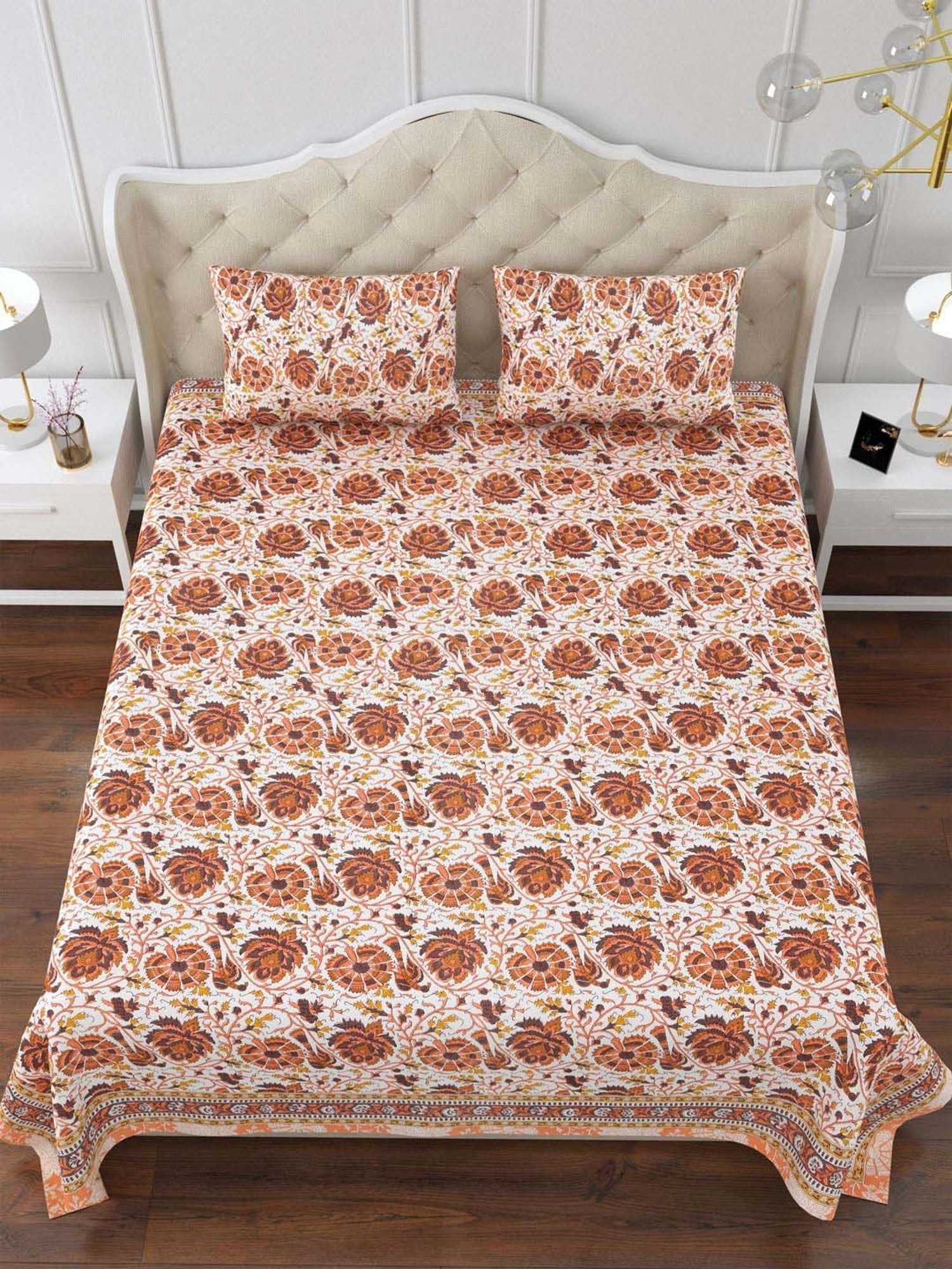 Aapno Rajasthan Rajwada Rosewood Orange & White Cotton 140 GSM Double Bedsheet With 2 Pillow Cover