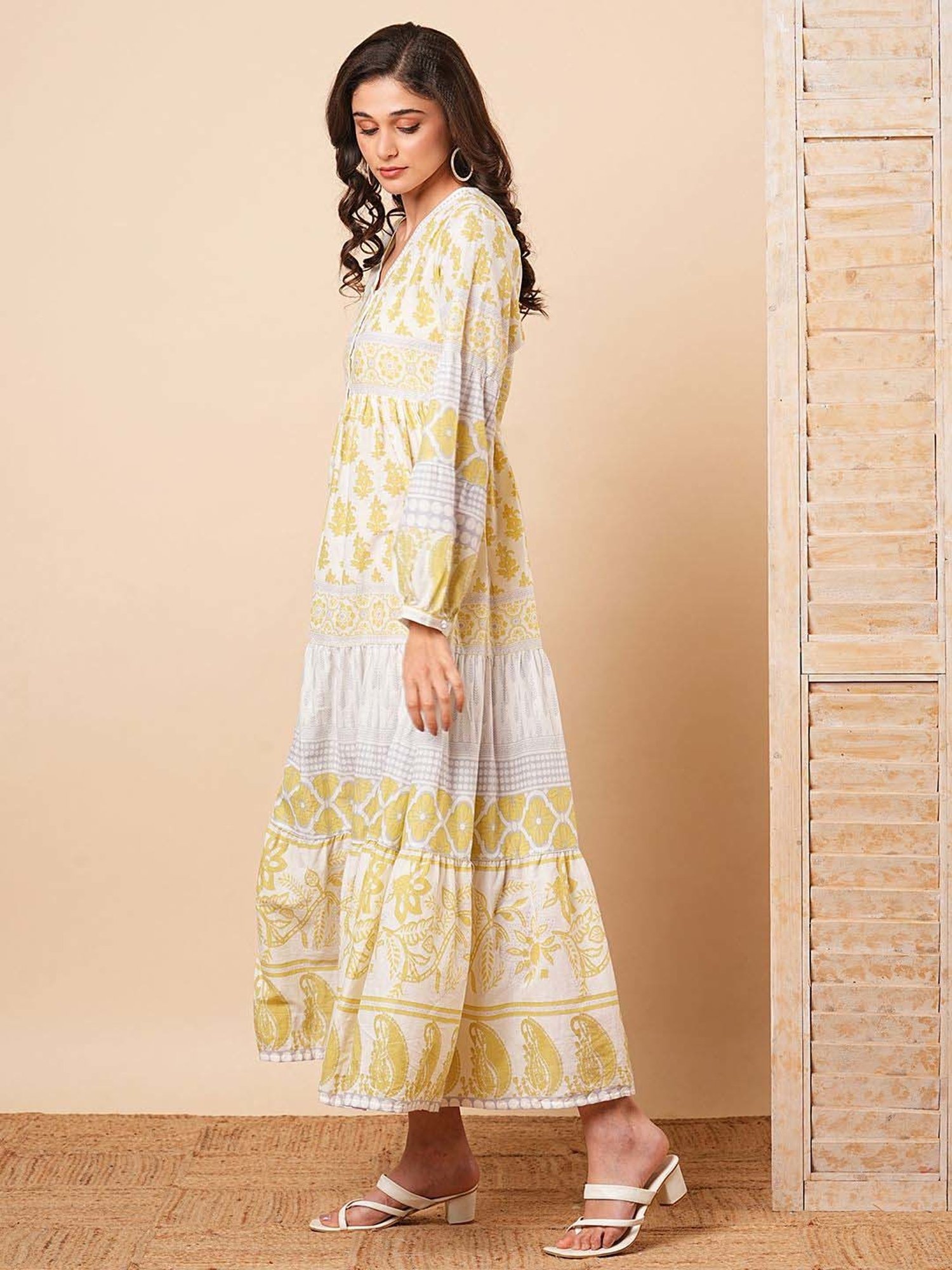 Fashor White & Yellow Cotton Printed Maxi Dress
