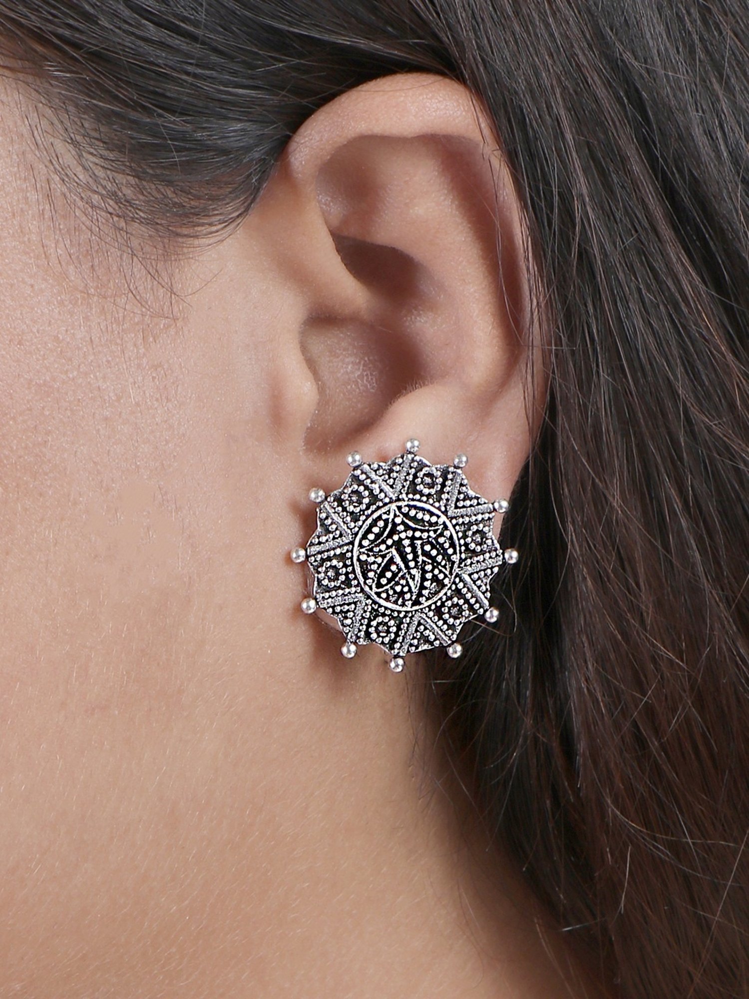 Teejh Ethnic Nagma Circle Silver Oxidized Stud Earrings