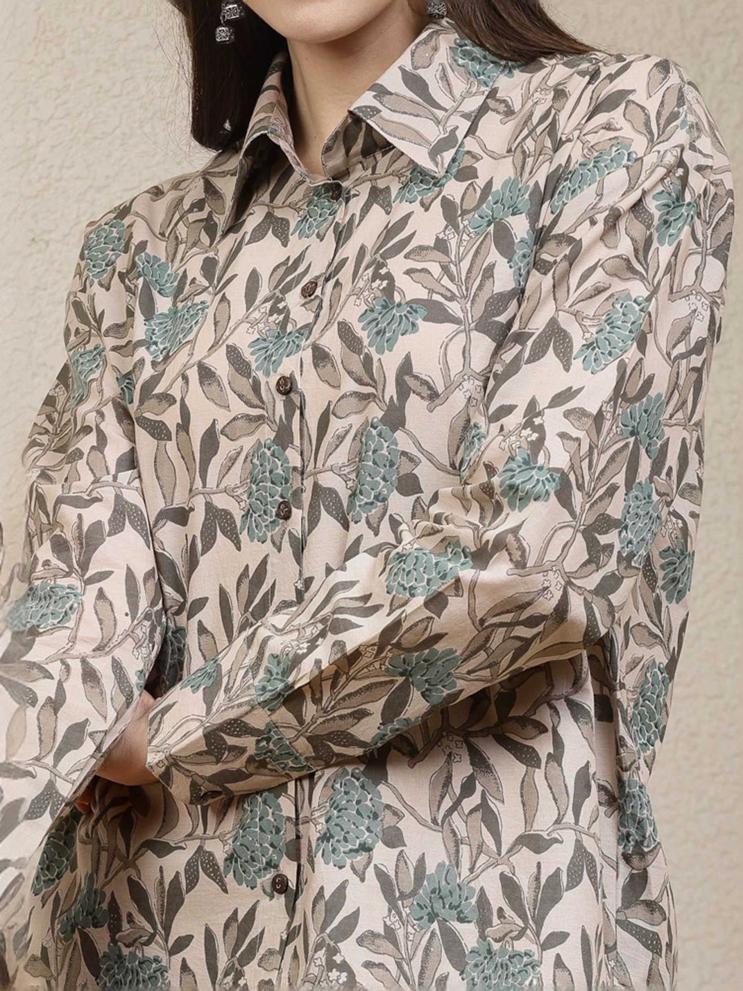 Stylum Beige & Green Floral Print Top & Pants Set