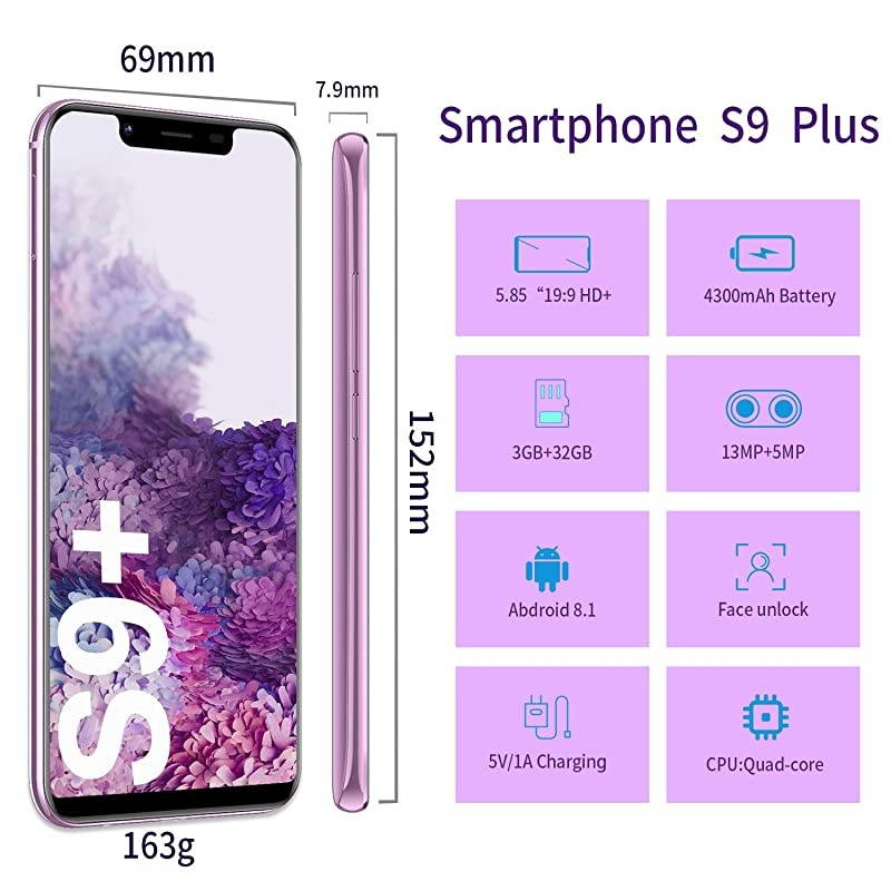 Cell Phones 4G Smartphone 585quot Waterdrop FullScreen Phones with 32GB Android 81 OS 4200mAh Dual SIM +MicroSD Slot Face Unlock US Version Purple