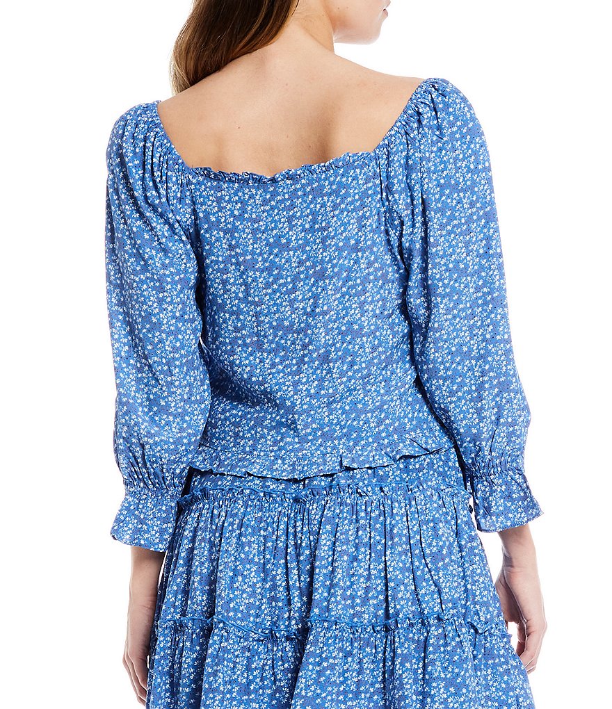 Skies Are Blue Ditsy Floral Print Sweetheart Neck Coordinating Long Puff Sleeve Ruffle Hem Top